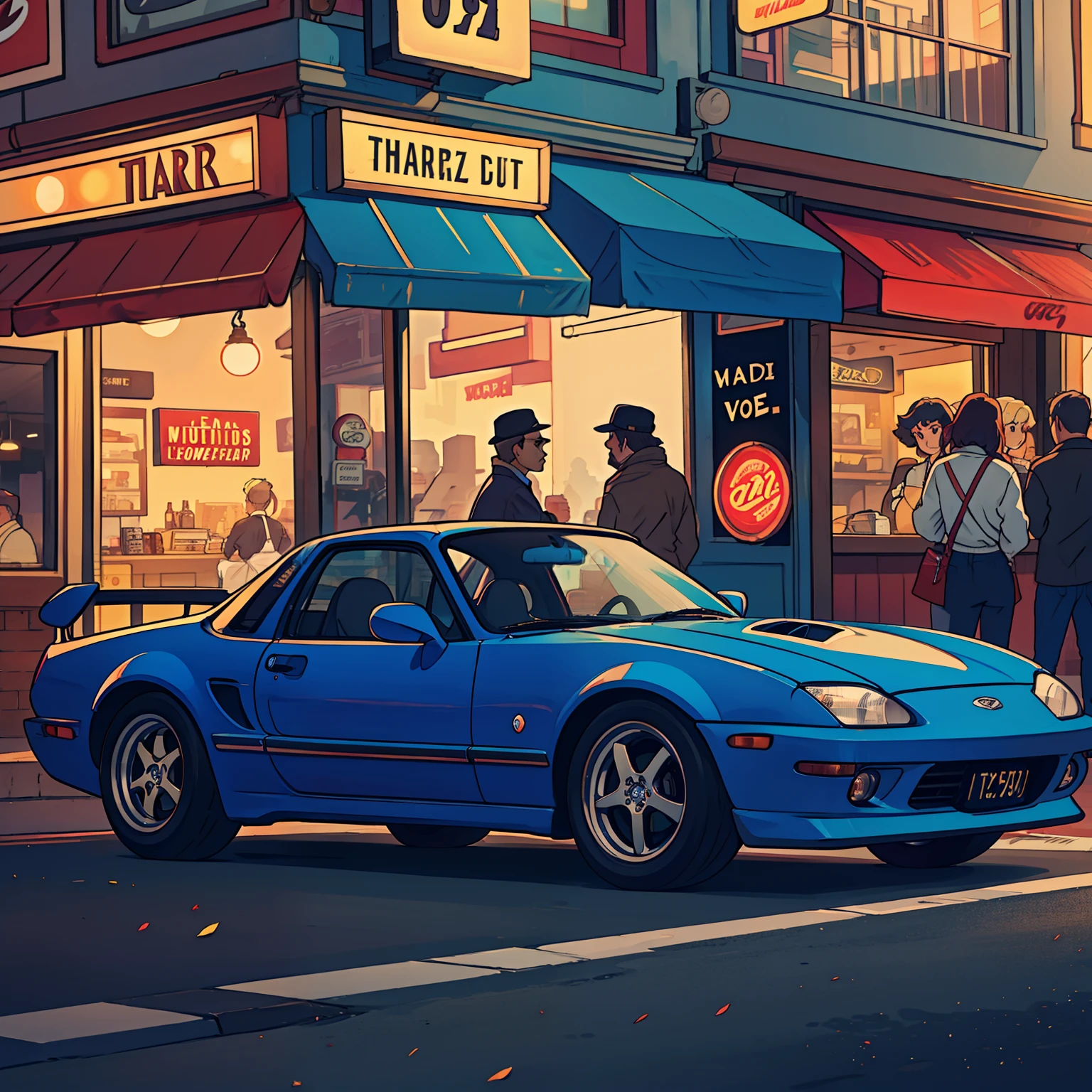 Mazda miata 95s, such as Pontiac Fiero or Ford Thunderbird, ultra-detailed, best quality, side view, colorful, in busy street of vintage shops and vintage restaurants in the background, perfect illumination and shadow.