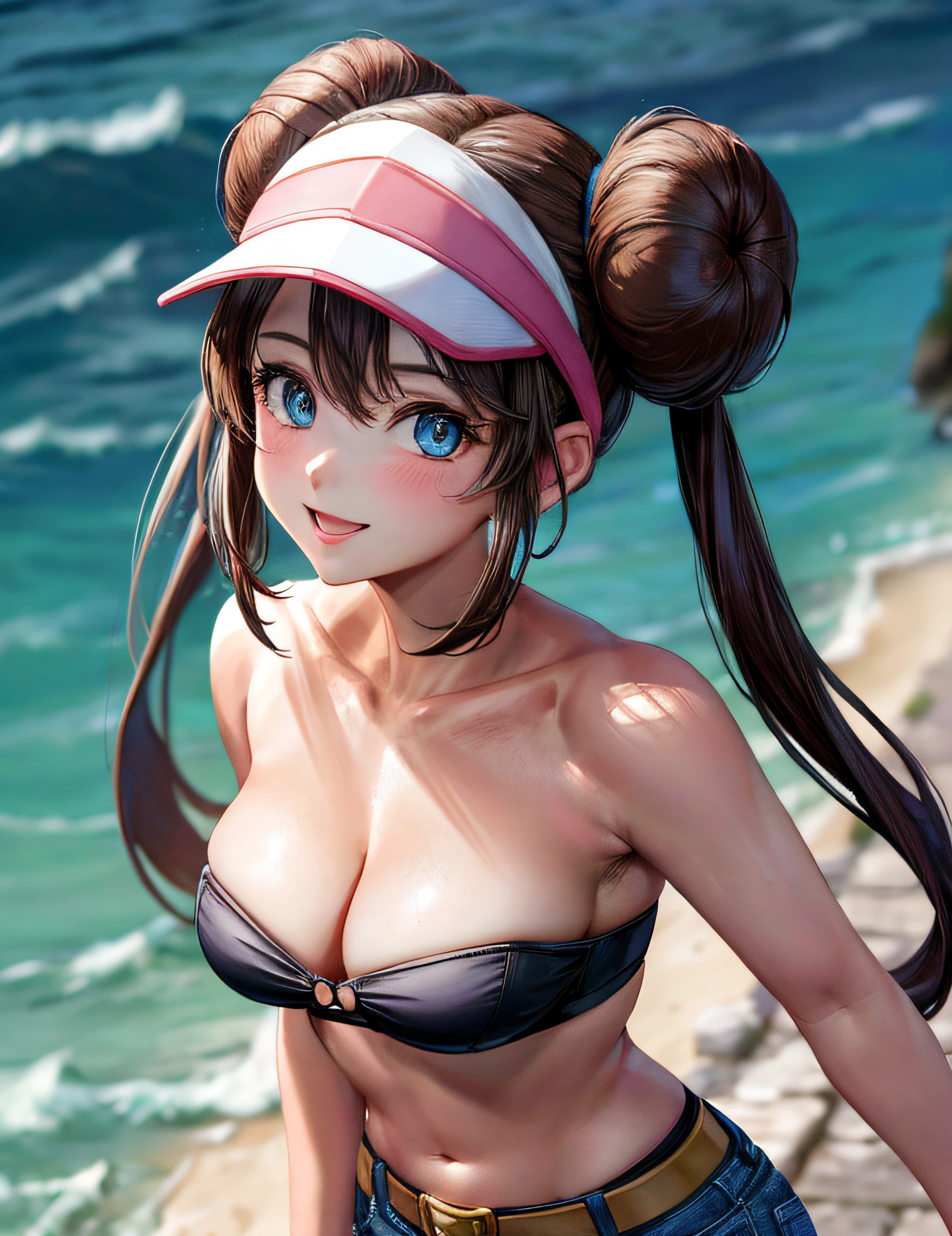 (masterpiece:1.3), (absurdres:1.3), (best quality:1.3), (ultra-detailed:1.3),(best shadow:0.7), (handled hair), perfect anatomy, 1girl, solo, rosa(pokemon), double bun, visor cap, hair bun, long_twintails, brown hair, blue eyes, hair between eyes, large breasts, sightly smile, beltbra, strapless, belt, all fours, pov, from above