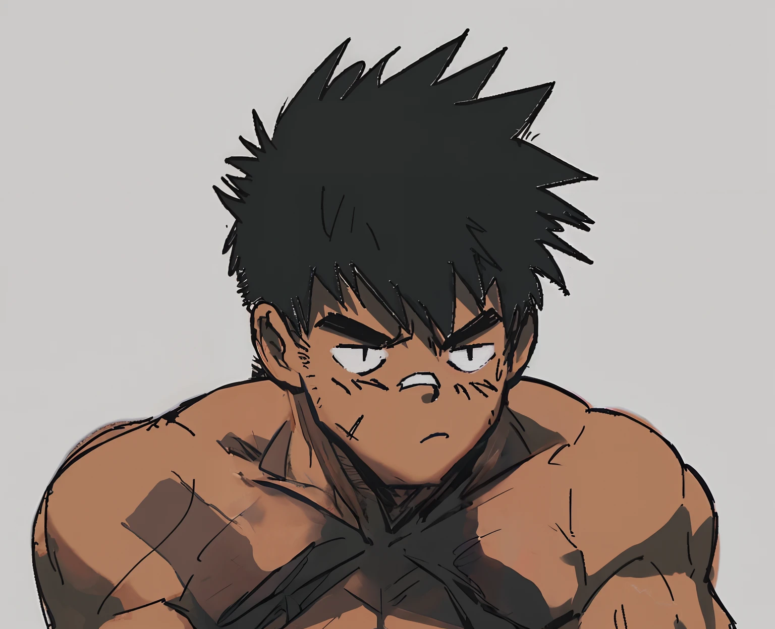 anime character with black hair and a tie around his neck, hajime no ippo manga inspired, kentaro miura manga art style, kentaro miura manga style, highly detailed angry anime face, kentaro miura art style, akira toriyama style, clean detailed anime style, muscular character, muscular!!, angry looking, semirealistic anime style