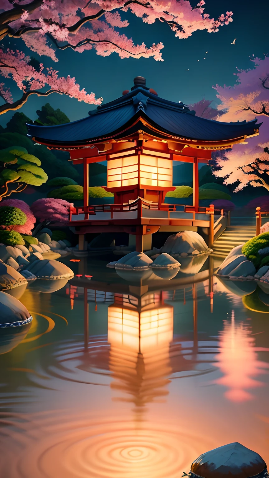 (digital painting),(best quality), serene Japanese garden, cherry blossoms in full bloom, koi pond, footbridge, pagoda, Ukiyo-e art style, Hokusai inspiration, Deviant Art popular, 8k ultra-realistic, pastel color scheme, soft lighting, golden hour, tranquil atmosphere, landscape orientation