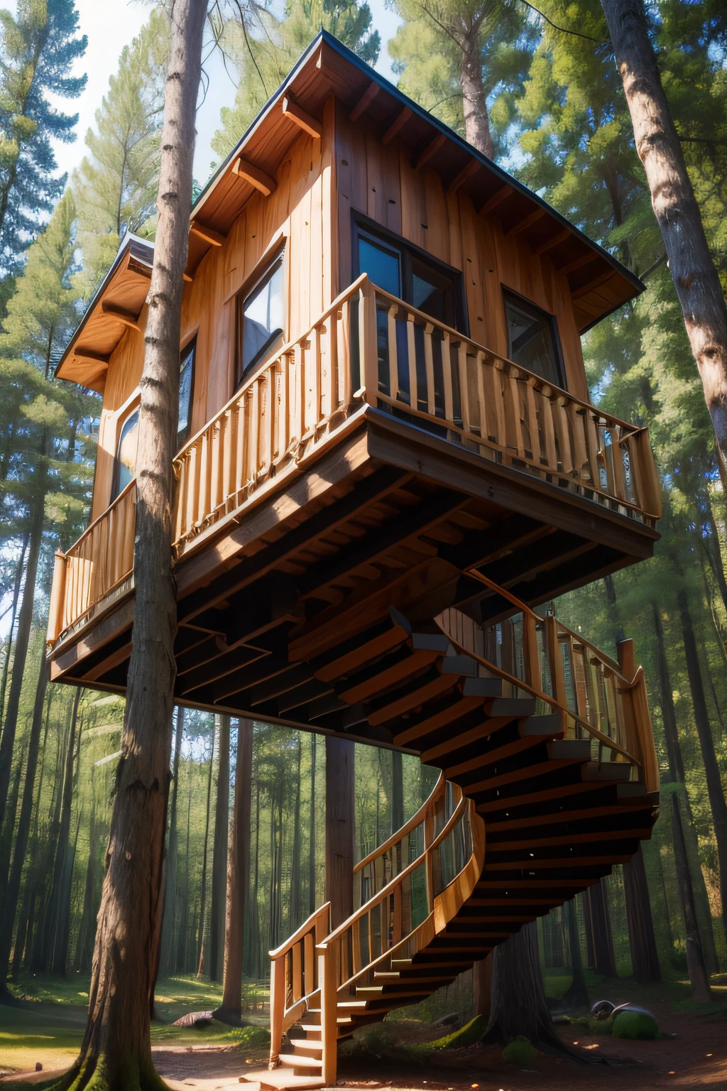 A tree house，wooden cabin，Spiral staircase，Minimalist architectural design，Holiday，forest backgrou，realisticlying，Natural light rendering