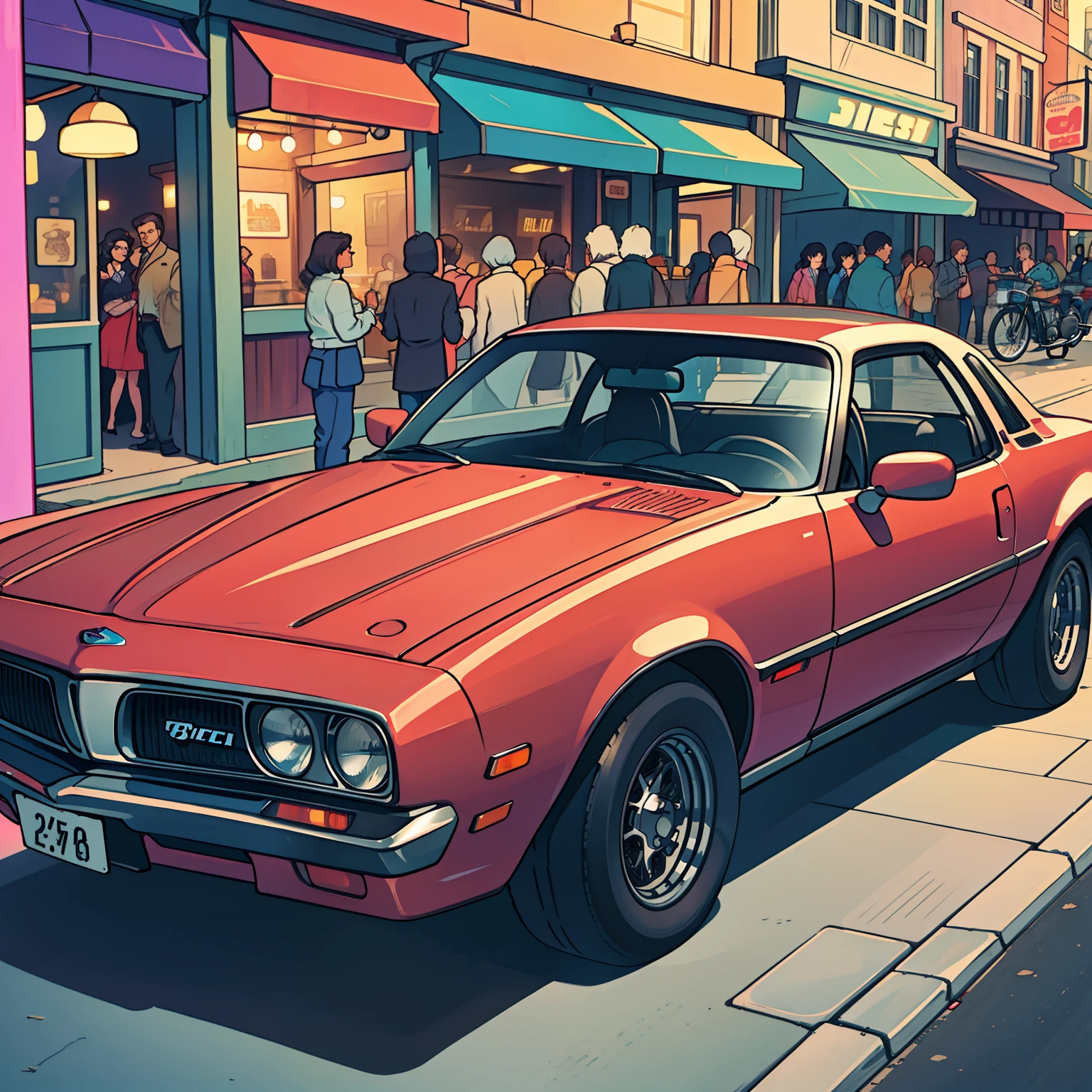 classic car of the 80s, such as Pontiac Fiero or Ford Thunderbird, ultra-detailed, best quality, side view, colorful, in busy street of vintage shops and vintage restaurants in the background, perfect illumination and shadow.