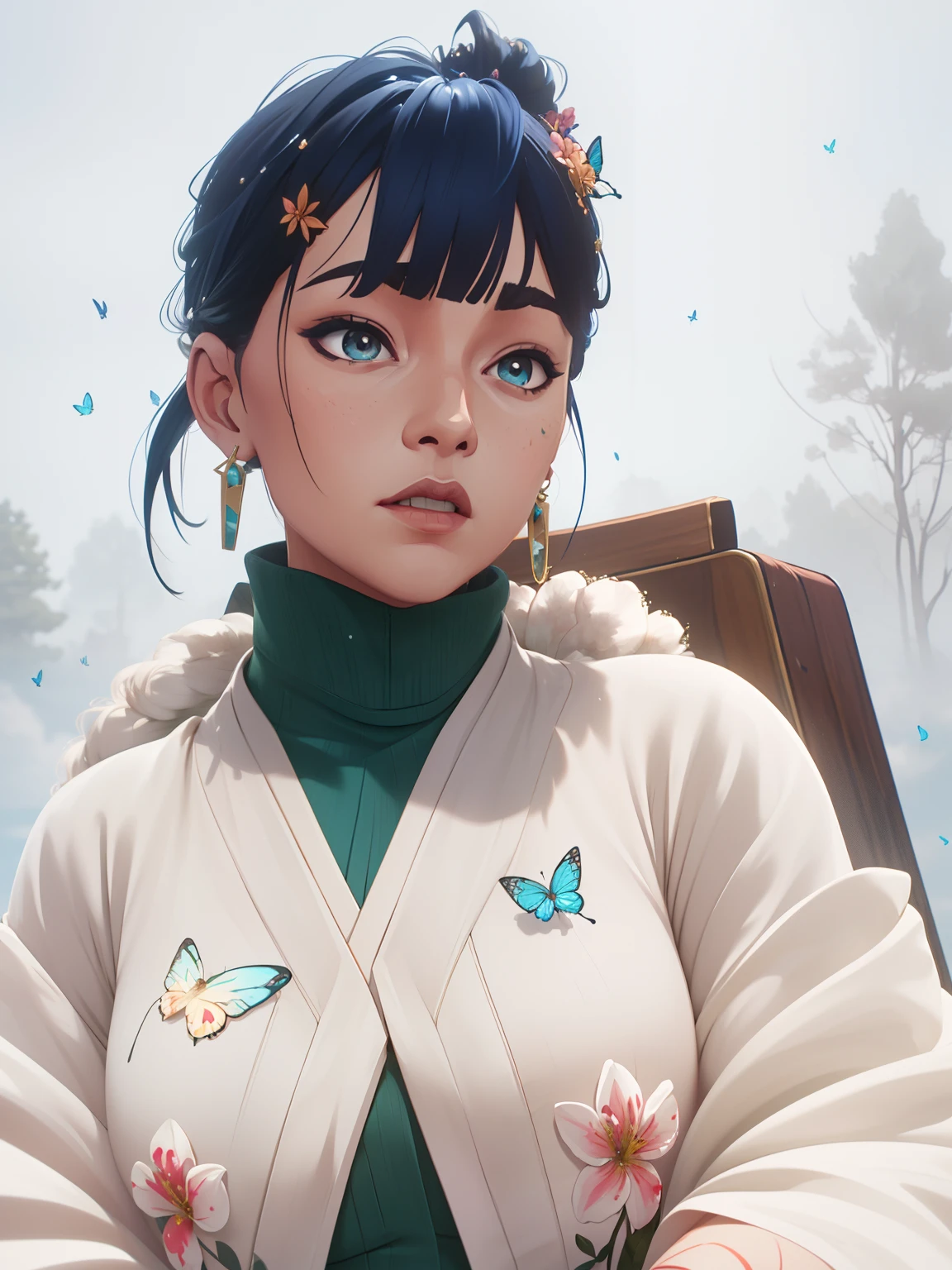 shukezouma, octane render, hdr, (hyperdetailed:1.15), (soft light, sharp:1.2), 1girl, beautiful girl, ultra detailed eyes, mature, plump, thick, rainbow painting drops,splat, splash, long colored hair, ultra detailed texture kimono, (hair ornaments, earrings, flowers hair ornaments, butterflies hair ornaments), outdoors, sakura trees