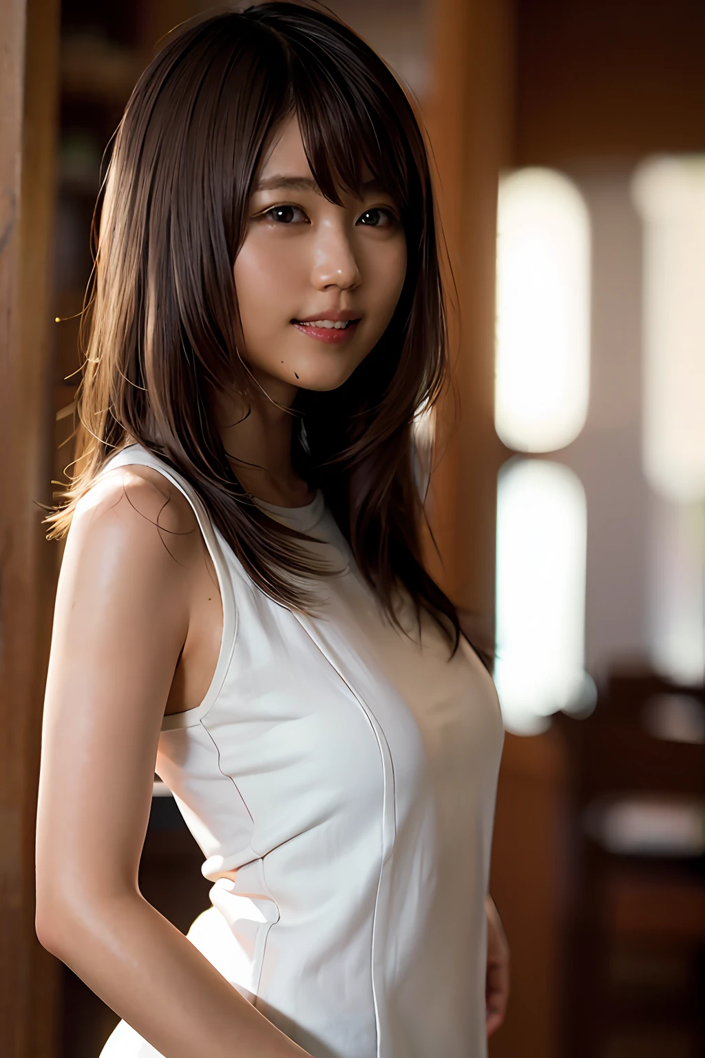 (8k, RAW photos, top quality, masterpiece: 1.2), (realistic, photorealistic: 1.37), ultra detail, ultra high resolution, one girl, beholder, beautiful detailed face, smile, constriction, (slim waist): 1.3), tank top, beautiful detailed skin, skin texture, floating hair, professional lighting,
