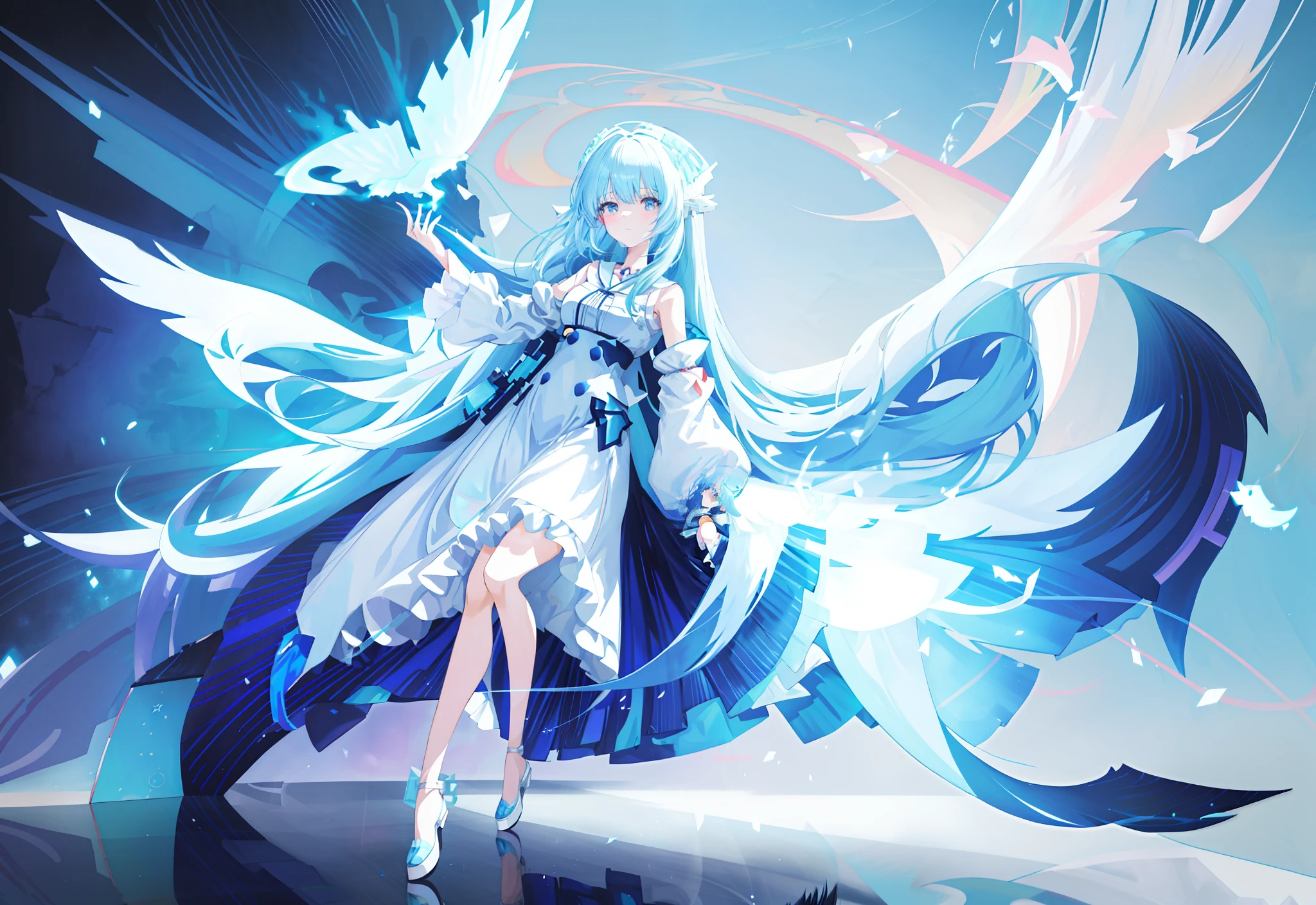 Anime girl with blue hair and white dress holding white object, full body adoptable, long haired humanoid fursona, rimuru tempest, White-haired god, sky witch, anime girl with cosmic hair, Anime monster girl, astral fairy, character adoptable, astral ethereal, Anime goddess, shirabii, furaffinity fursona, celestial aura，high-heels