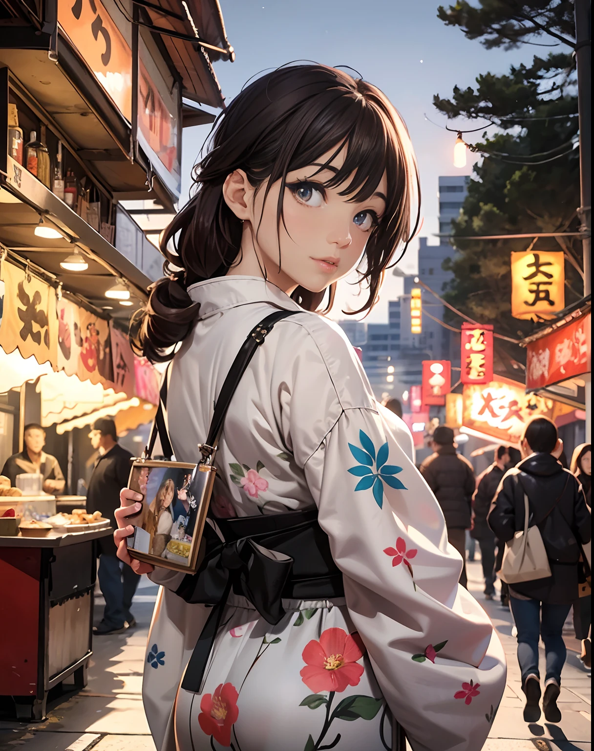 masterpiece, best quality, ultra-detailed, illustration, omatsuri, food stand, 1girl, beautiful eyes, looking at viewer from behind, cowboy shot, looking back, yukata, tree, outdoors,road, walking, crowd, night, lantern, festival, food, pavement, crosswalk, paper lantern, lamppost, brown hair, night sky,