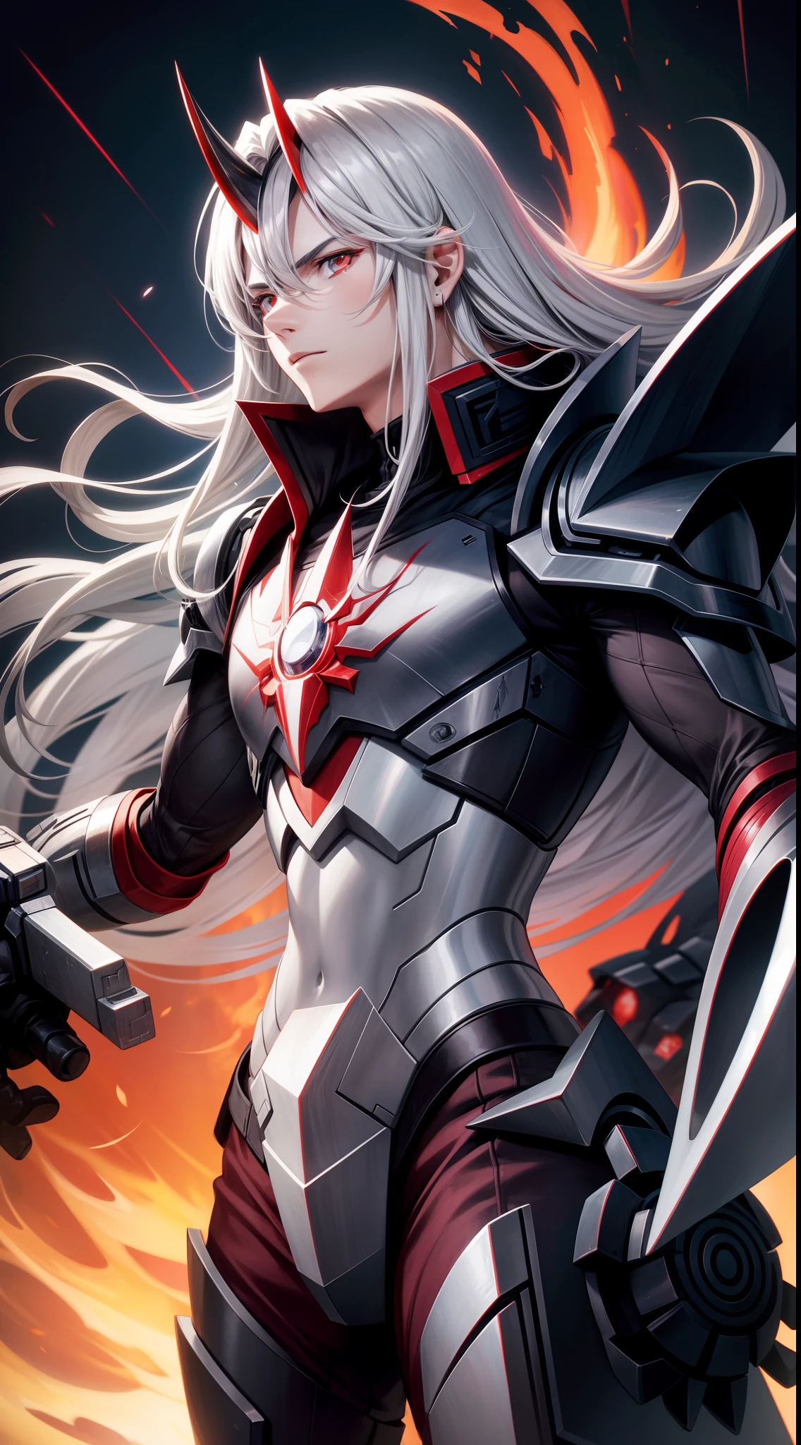 young boy, long gray hair, red eyes, The Iron Mantle of Cybertron, open torso, Iron horns, Masterpiece, hiquality
