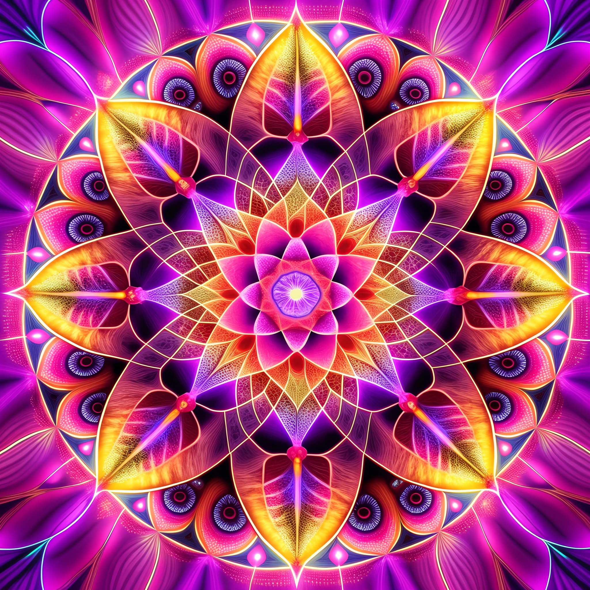 A colorful flower with a large center surrounded by many smaller petals, Estructuras fractales sagradas, Estilo de arte visionario, Mandala colorido, psychedelic dmt, digital illustration radiating, Ilustraciones de psytrance, fractal sacred geometry, Electromagnétic field DMT LSD, psicodelicante, Colores DMT, psytrance, psychedelic style, Arte DMT, psychedelic art style, Lighting stumble in DMT