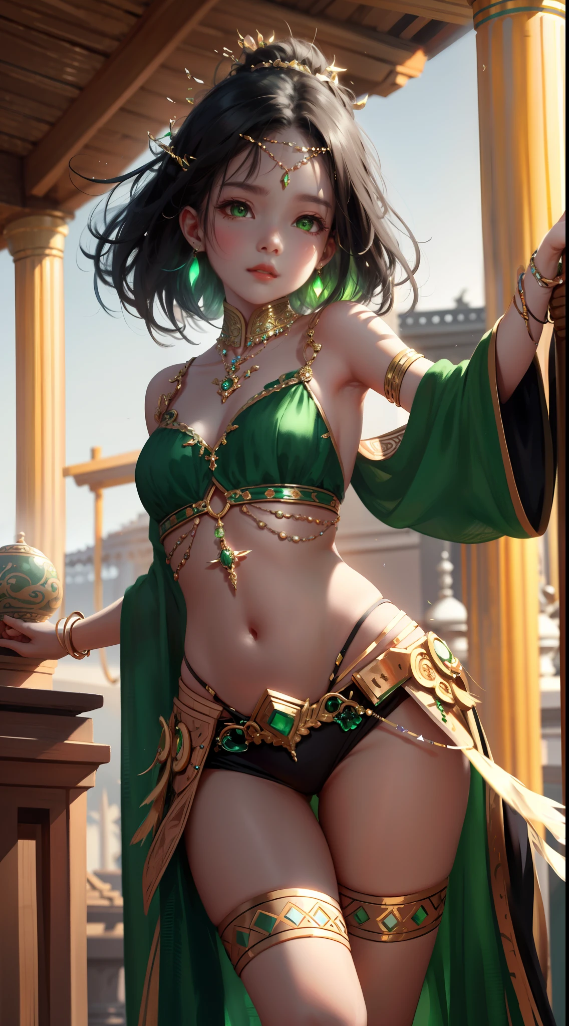 wlop, aeolian, ethereal glowing, jewelry, cute female child, orient, Black hair, green-eyed, green earrings,arching back, navel, Thighs