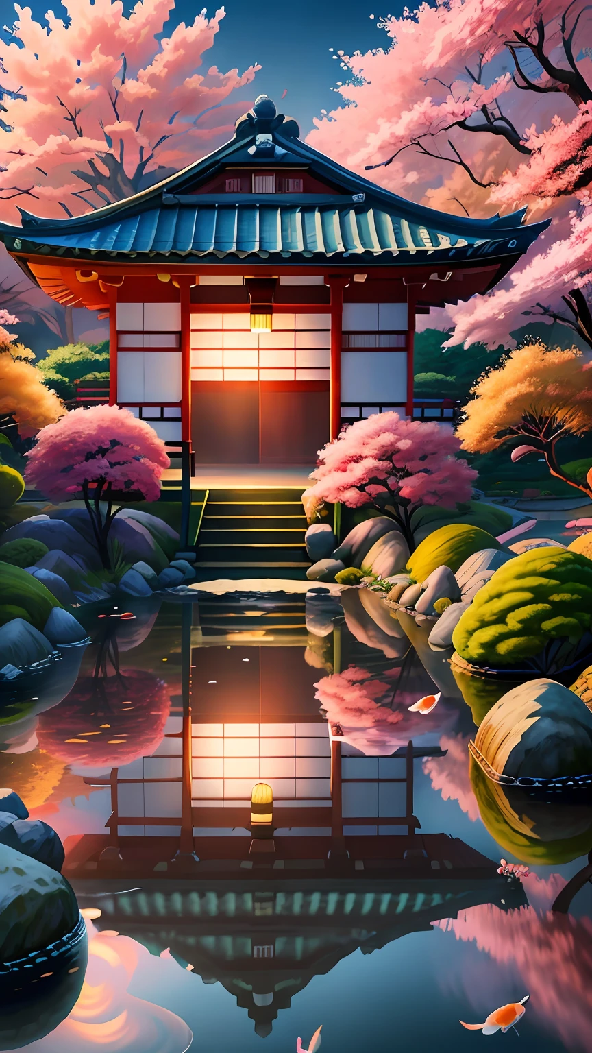 (digital painting),(best quality), serene Japanese garden, cherry blossoms in full bloom, koi pond, footbridge, pagoda, Ukiyo-e art style, Hokusai inspiration, Deviant Art popular, 8k ultra-realistic, pastel color scheme, soft lighting, golden hour, tranquil atmosphere, landscape orientation