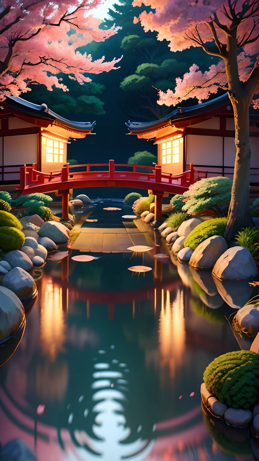 (digital painting),(best quality), serene Japanese garden, cherry blossoms in full bloom, koi pond, footbridge, pagoda, Ukiyo-e art style, Hokusai inspiration, Deviant Art popular, 8k ultra-realistic, pastel color scheme, soft lighting, golden hour, tranquil atmosphere, landscape orientation