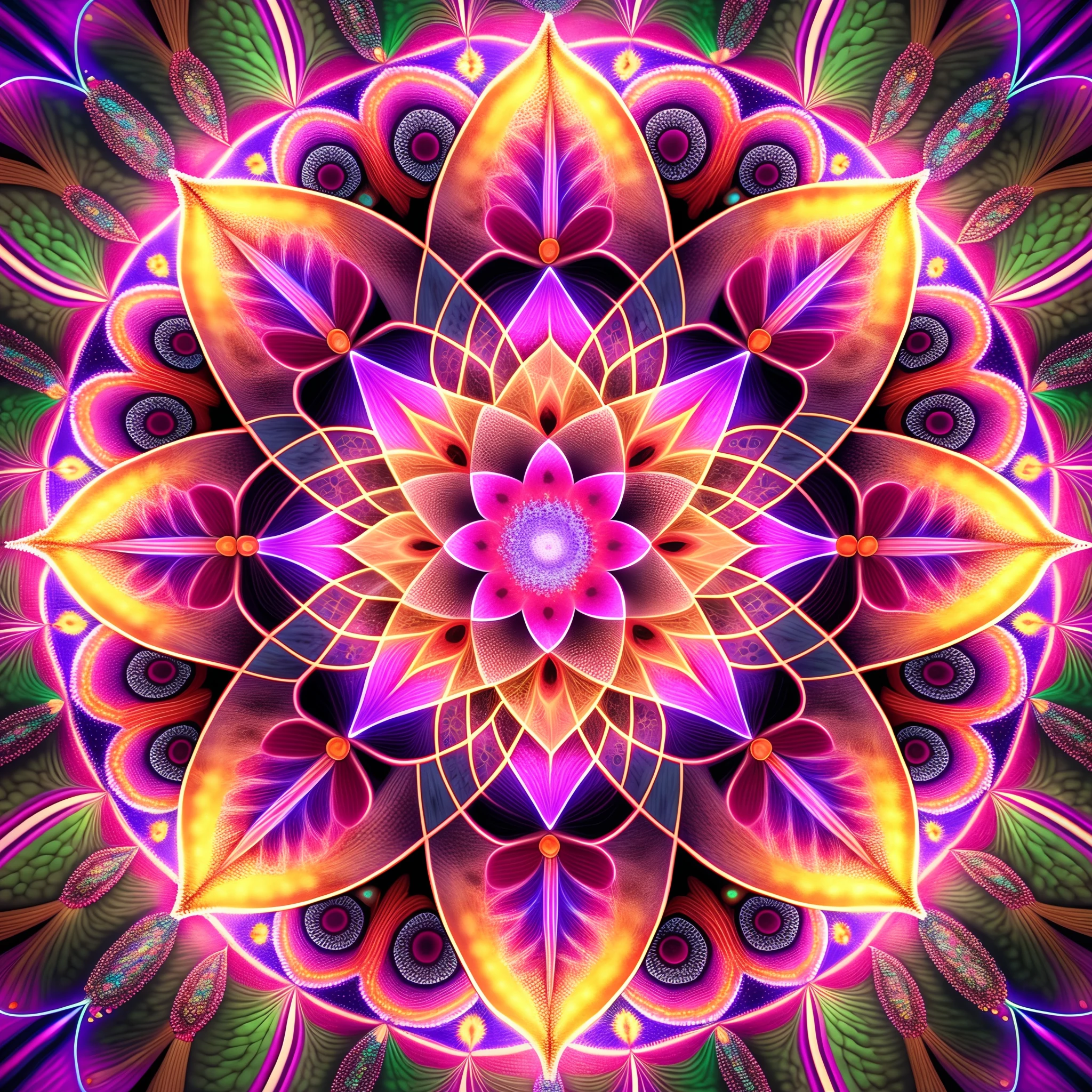 A colorful flower with a large center surrounded by many smaller petals, Estructuras fractales sagradas, Estilo de arte visionario, Mandala colorido, psychedelic dmt, digital illustration radiating, Ilustraciones de psytrance, fractal sacred geometry, Electromagnétic field DMT LSD, psicodelicante, Colores DMT, psytrance, psychedelic style, Arte DMT, psychedelic art style, Lighting stumble in DMT