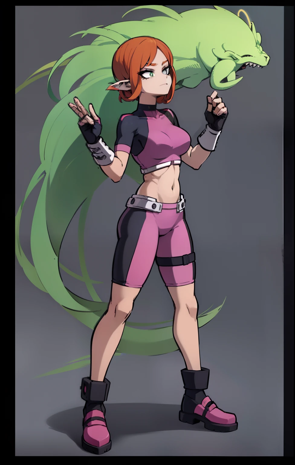 My Hero Academia style, anime Girl, female, trending on artstation pixiv, (full body shot:0.5), Masterpiece, Perfect Anatomy, Super Detailed, wide hips, Large breast, wide thighs, redhead, chin length curly hair, curly hair, chin length hair, Side Curly bangs, side bangs, Long side Curly bangs, Long side bangs, side bangs, Green eyes, pointy ears, peach skin, black choker, magenta top, magenta pants, Magenta Treads, Magenta Bracers, joyful gaze, smug, Looking at viewer,