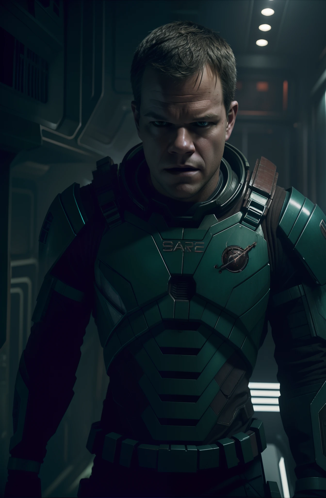 Sci Fi Horror Dead Space Matt Damon on Ishimura Haunted sci fi Space Ship photography, photorealism, shiny skin, cinematic rendering, ray tracing, the highest quality, the highest detail, Cinematic, Third-Person View, Blur Effect, Long Exposure, 8K, Ultra-HD, Natural Lighting, Moody Lighting, Cinematic Lighting