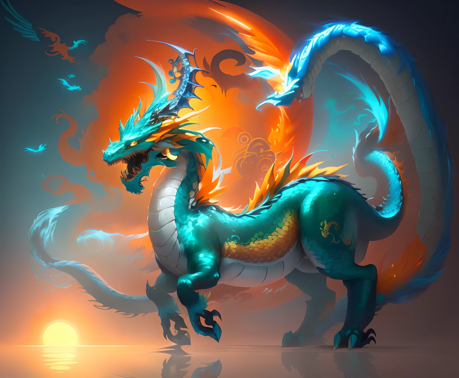 Brightly colored horses with a long tail and a tail with a long tail..........,Stay in the water in the evening..,Orange Sun, Mythical Creatures, chinese dragon concept art, smooth chinese dragon, cyan chinese dragon fantasy, Mythical Creatures, Fantasy Creatures, Rainbow Fluffy Dragon, Digital paintings of Quetzalcoatl, anthropomorphic dragon, Chinese dragon, dragon art, as an anthropomorphic dragon