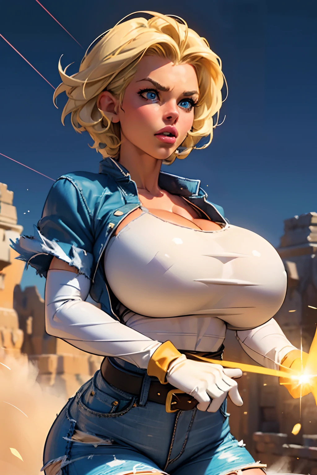 (((1 girl, cute, (gigantic breasts:1.2), denim jacket, white top, jeans, black elbow Gloves, blond, short hair, curly hair, side parted hair, blue eyes))), (((blond hair))),
dynamic poses, realistic style, depicting a group of characters in various action scenes, from intense battles to lighthearted moments, with dramatic speed lines and bold sound effects, capturing the excitement and energy of the story, Laser rays from the palm of hand, Attack forward with palm, yellowstone park, Grand Canyon,