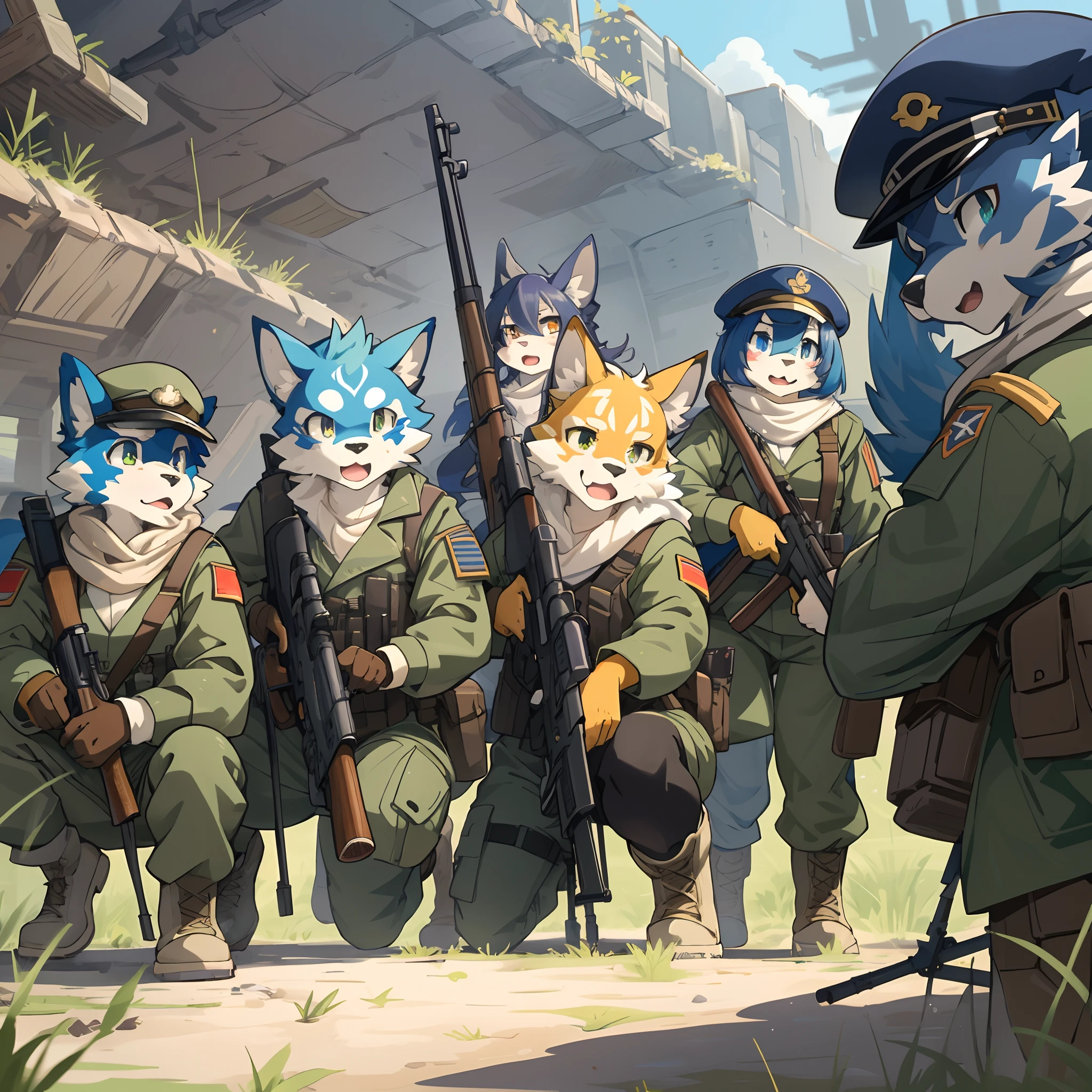 top quality, best quality, High-quality illustrations, masterpiece, super high resolution, detailed background, Military Headquarters, Maritime Self-Defense Force, rifle, sniper, battlefield, 6+boys, 6+girls, absurdres(highly detailed beautiful face and eyes)perfect anatomy, expression, good lighting, cinematic shadow(kemono, furry anthro)assorted poses, dynamic angle,