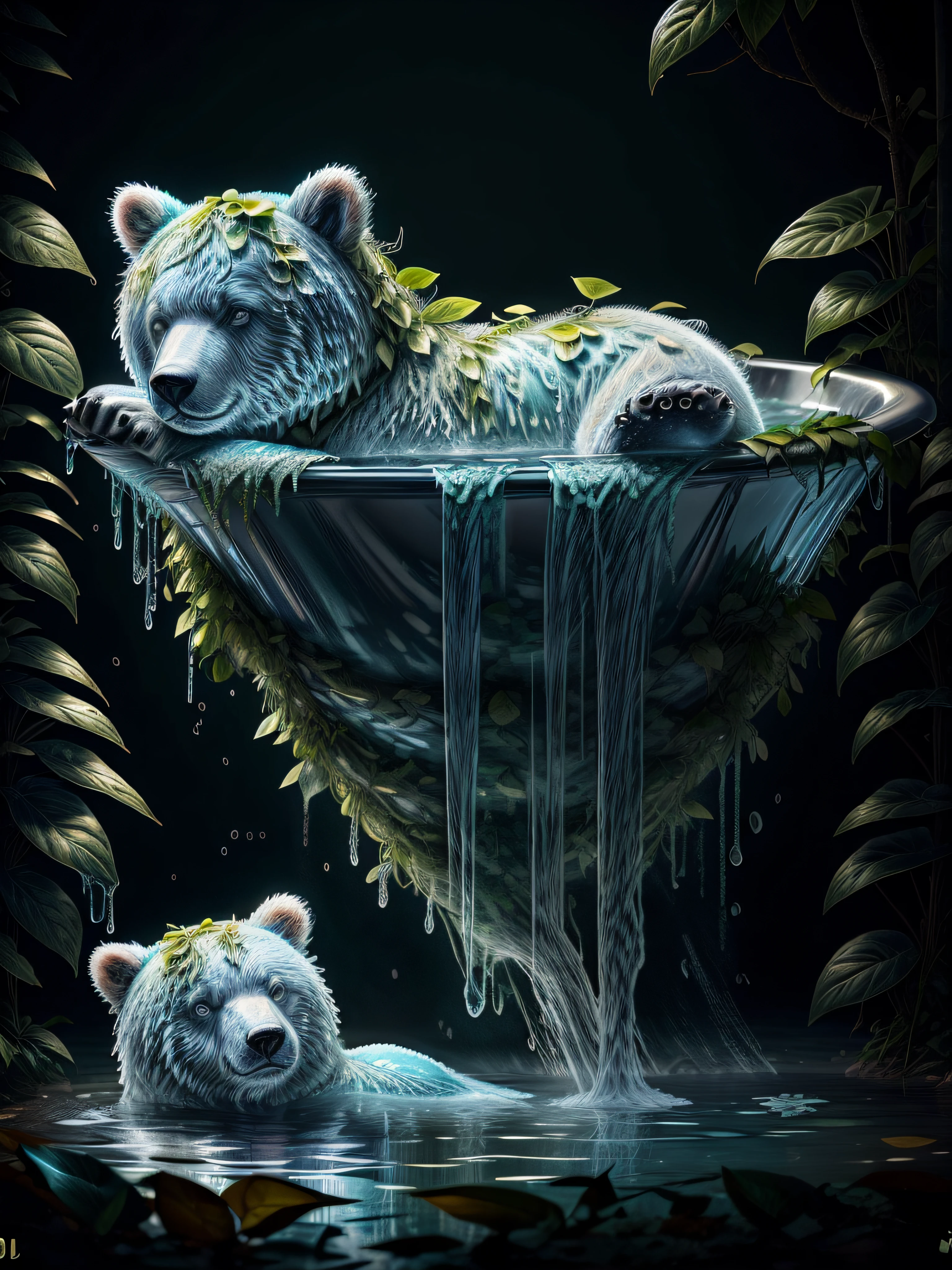 WaterAI liquid bear, ((taking a bath)) , in forest , over grown plants, full bear body, 8k, RAW photo, best quality, masterpiece, high detail RAW color photo, dramatic lighting, cinematic lighting, back light, professional lighting