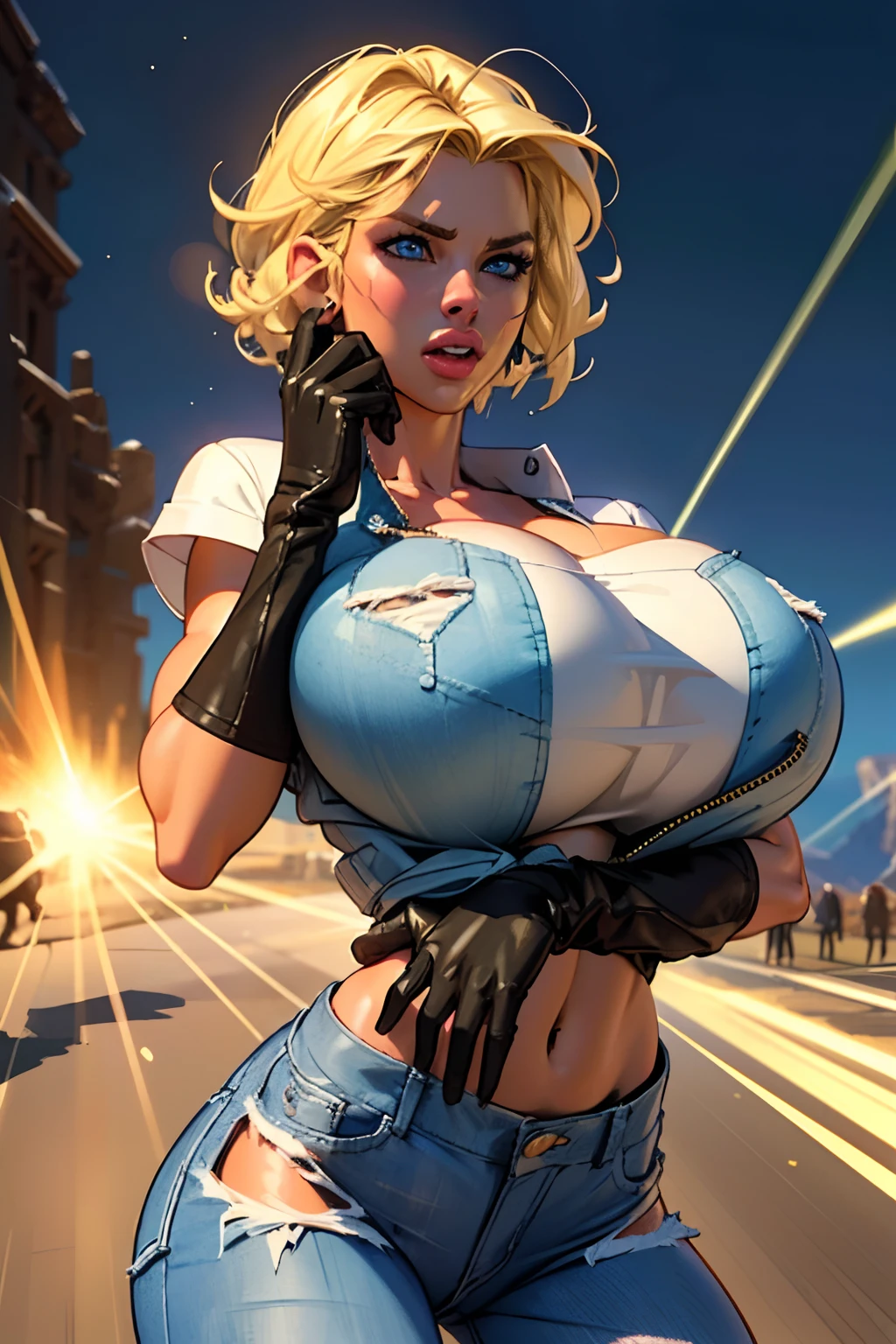 (((1 girl,  cute, (gigantic breasts:1.2), denim jacket, white top, jeans, black elbow Gloves, blond, short hair, curly hair,  side parted hair, blue eyes))), (((blond hair))), 
dynamic poses, realistic style, depicting a group of characters in various action scenes, from intense battles to lighthearted moments, with dramatic speed lines and bold sound effects, capturing the excitement and energy of the story, Laser rays from the palm of hand, Attack forward with palm, yellowstone park, Grand Canyon,