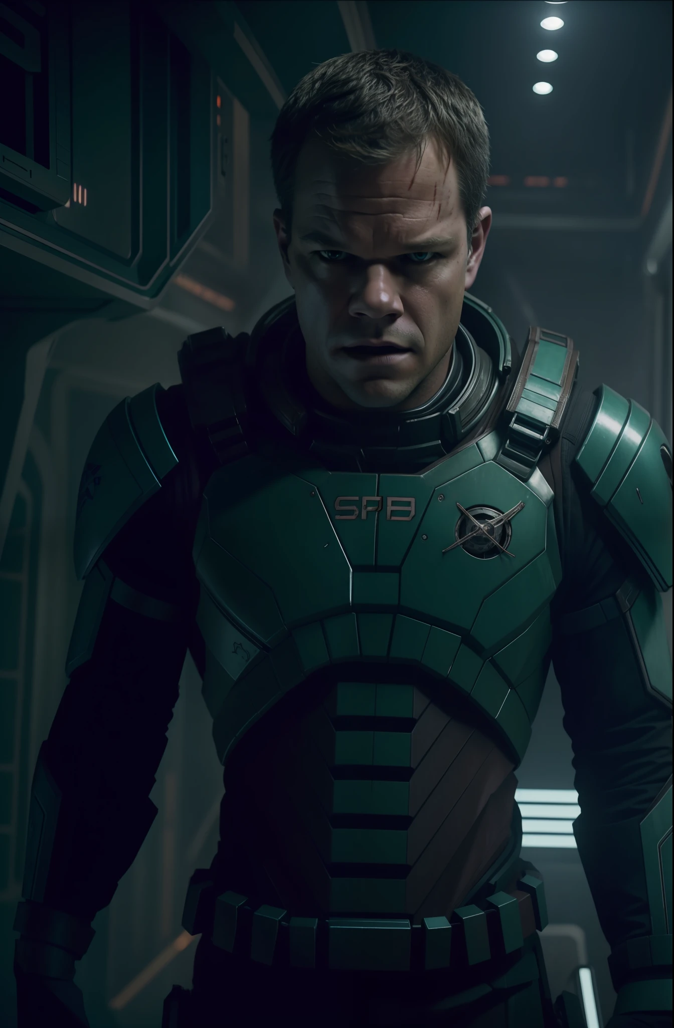 Sci Fi Horror Dead Space Matt Damon on Ishimura Haunted sci fi Space Ship photography, photorealism, shiny skin, cinematic rendering, ray tracing, the highest quality, the highest detail, Cinematic, Third-Person View, Blur Effect, Long Exposure, 8K, Ultra-HD, Natural Lighting, Moody Lighting, Cinematic Lighting