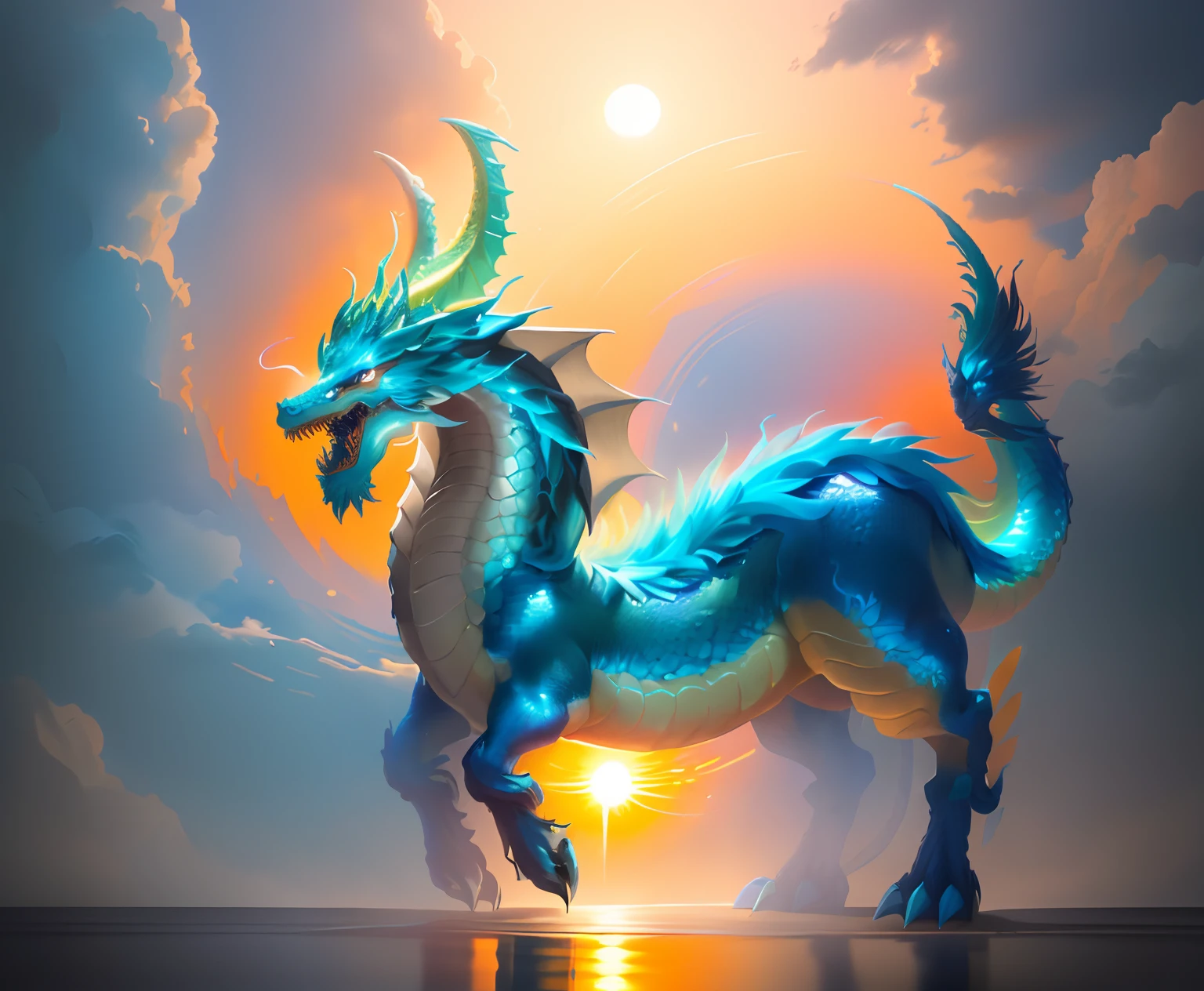 Brightly colored horses with a long tail and a tail with a long tail.,In the water at the evening orange sun....., Mythical Creatures, chinese dragon concept art, smooth chinese dragon, cyan chinese dragon fantasy, Mythical Creatures, Fantasy Creatures, Rainbow Fluffy Dragon, Digital paintings of Quetzalcoatl, anthropomorphic dragon, Chinese dragon, dragon art, as an anthropomorphic dragon