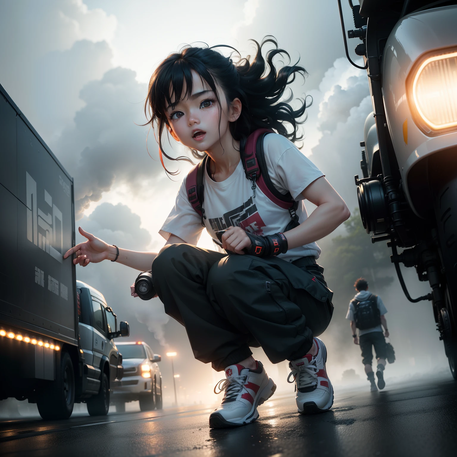 Dance、Artistic jump、break dance、Strenuous movements、vibrancy、Cyberpunk Style、Blade Runner vibe、Steam flows from exhaust outlets on the road surface、The road surface is wet、独奏、Fluttering hair、Cute Baby Turtle、Beautuful Women、a small face、white skinned、hason、young 17 years old、Bright smile、half-open mouth、White teeth are visible、(Gradient of black-red hair、Long messy hair)、(cargo pants、vests、White sneakers)、(delicate detailed fingers、Detailed body、detailed arms、human hand)、(Detailed face) 、(8K、top-quality: 1.4、tmasterpiece、 hyper HD、 Top resolution,、The is very detailed、 profesional lighting、 Gray light illumination、low angle from below、Blow steam into the landscape、Fog in the landscape、Foggy、