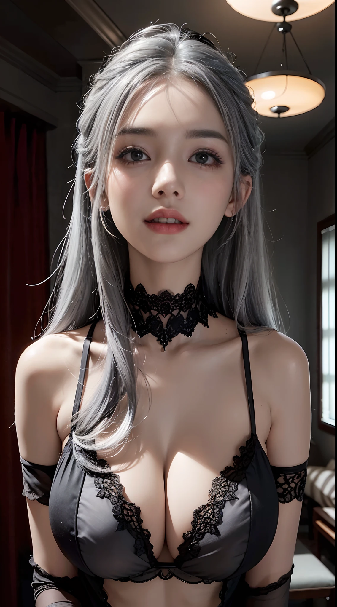 Inside the dimly lit room,A very beautiful woman,Wearing black transparent underwear,Gray hair,Gray hair, Normal breasts,areola of breast,areola of breast,Collect breasts,ssmile,ssmile,ssmile,16k,Realiy,frontage,frontage,up-close,Only the upper body,Only the upper body