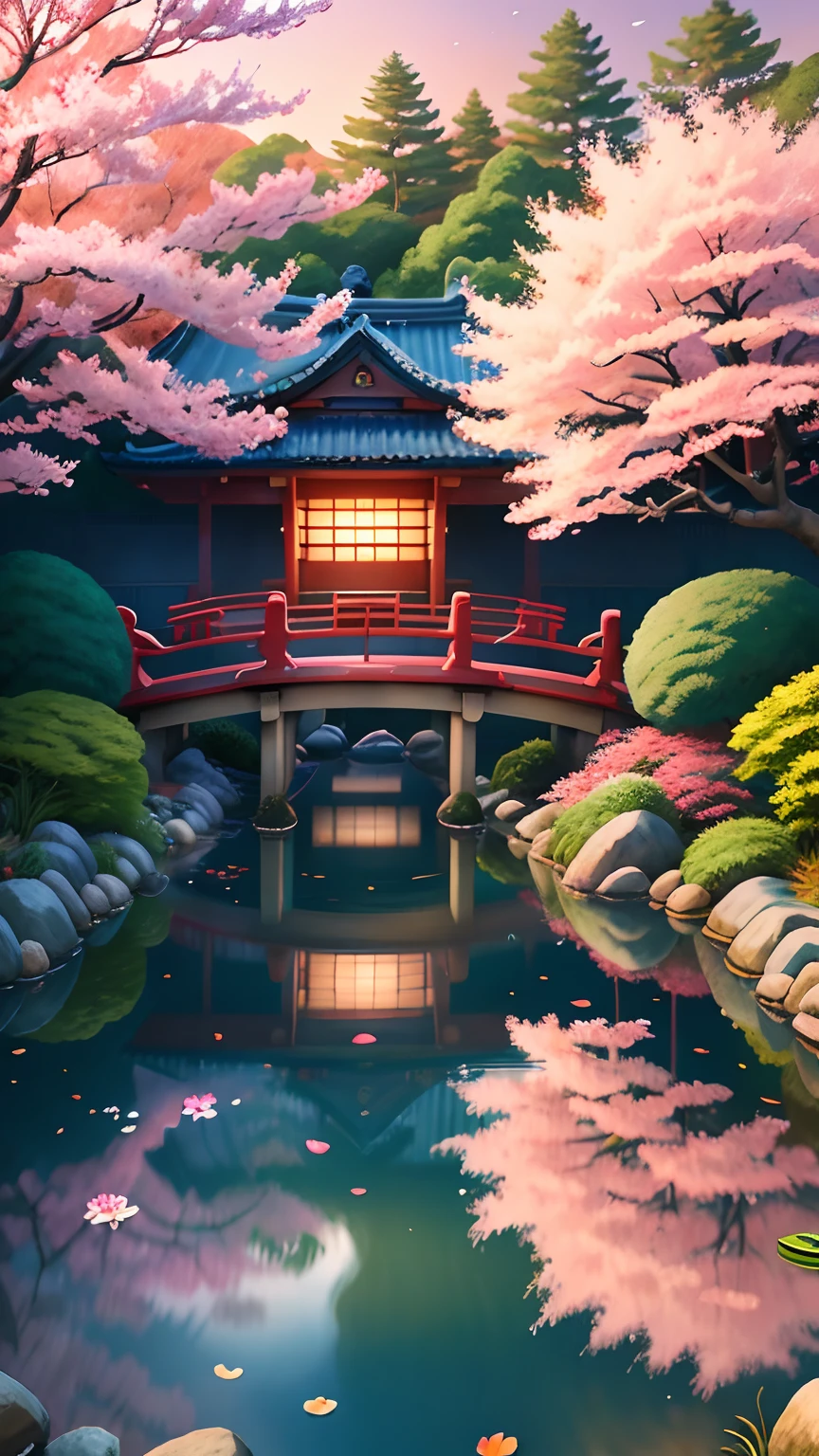 (digital painting),(best quality), serene Japanese garden, cherry blossoms in full bloom, koi pond, footbridge, pagoda, Ukiyo-e art style, Hokusai inspiration, Deviant Art popular, 8k ultra-realistic, pastel color scheme, soft lighting, golden hour, tranquil atmosphere, landscape orientation