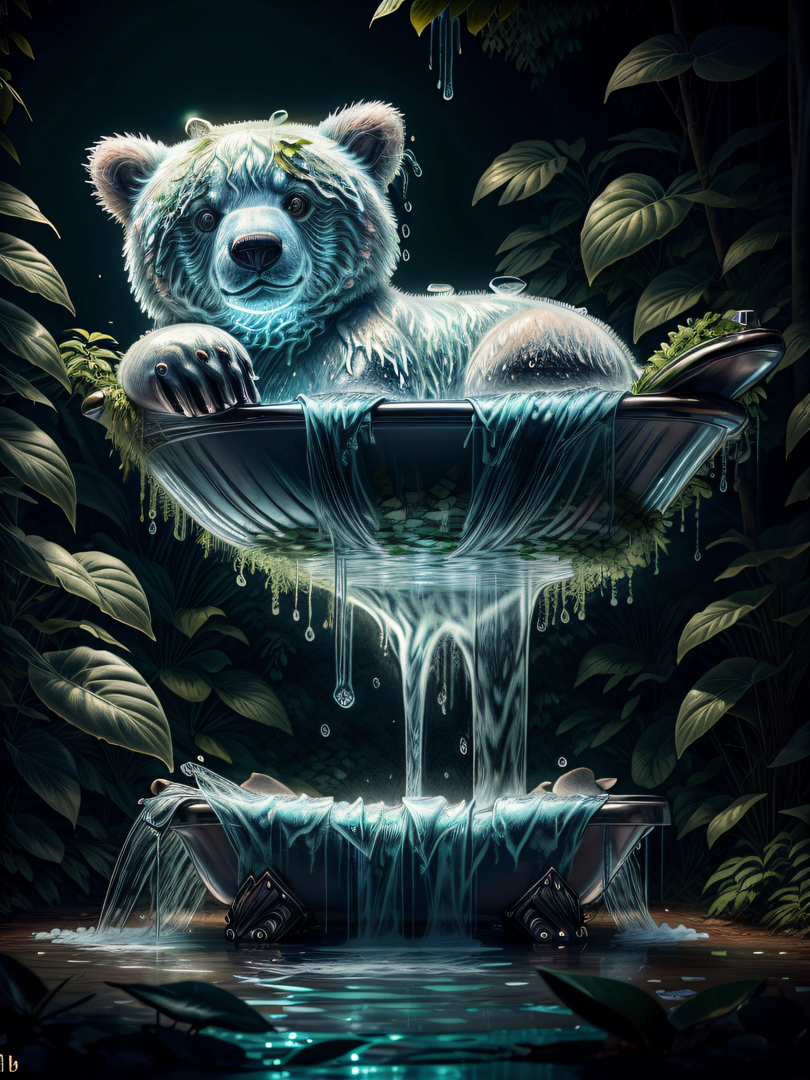 WaterAI liquid bear, ((taking a bath)) , in forest , over grown plants, full bear body, 8k, RAW photo, best quality, masterpiece, high detail RAW color photo, dramatic lighting, cinematic lighting, back light, professional lighting