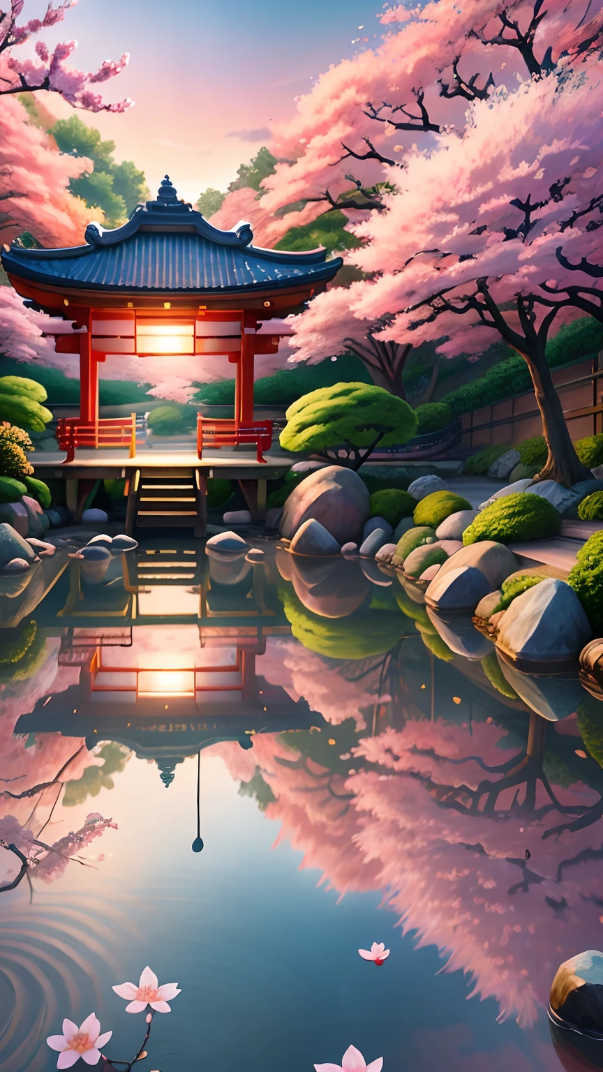(digital painting),(best quality), serene Japanese garden, cherry blossoms in full bloom, koi pond, footbridge, pagoda, Ukiyo-e art style, Hokusai inspiration, Deviant Art popular, 8k ultra-realistic, pastel color scheme, soft lighting, golden hour, tranquil atmosphere, landscape orientation