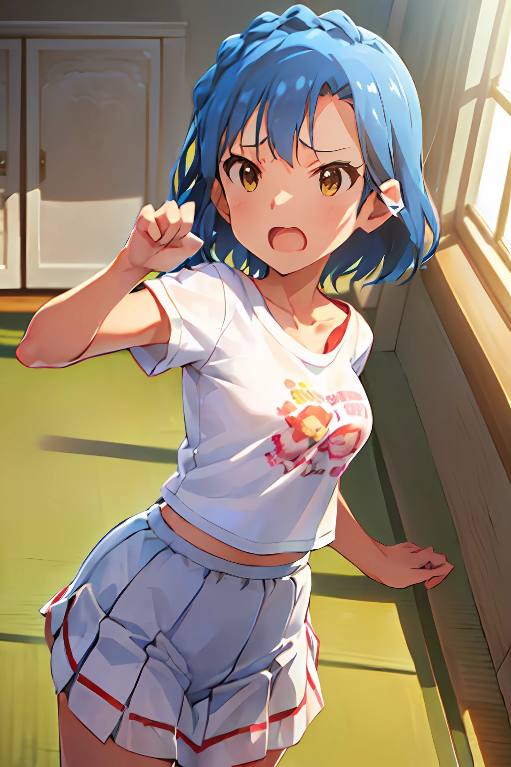 yuriko nanao (million live). Short stature. (((white t-shirts))).(((Skirt))).(((masterpiece))).(((best quality))).((Ultra-detailed))).(((illustratio))). (((fighting stance))).(((a room))).(((make a fist))).(((up chest))).Despair face.(((short-hair))).((big breasts)).((Opening Mouth)).