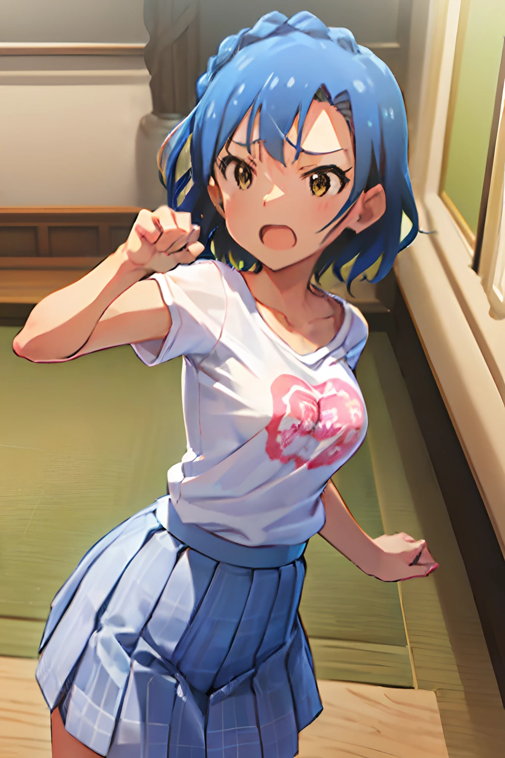 yuriko nanao (million live). Short stature. (((white t-shirts))).(((Skirt))).(((masterpiece))).(((best quality))).((Ultra-detailed))).(((illustratio))). (((fighting stance))).(((a room))).(((make a fist))).(((up chest))).Despair face.(((short-hair))).((big breasts)).((Opening Mouth)).