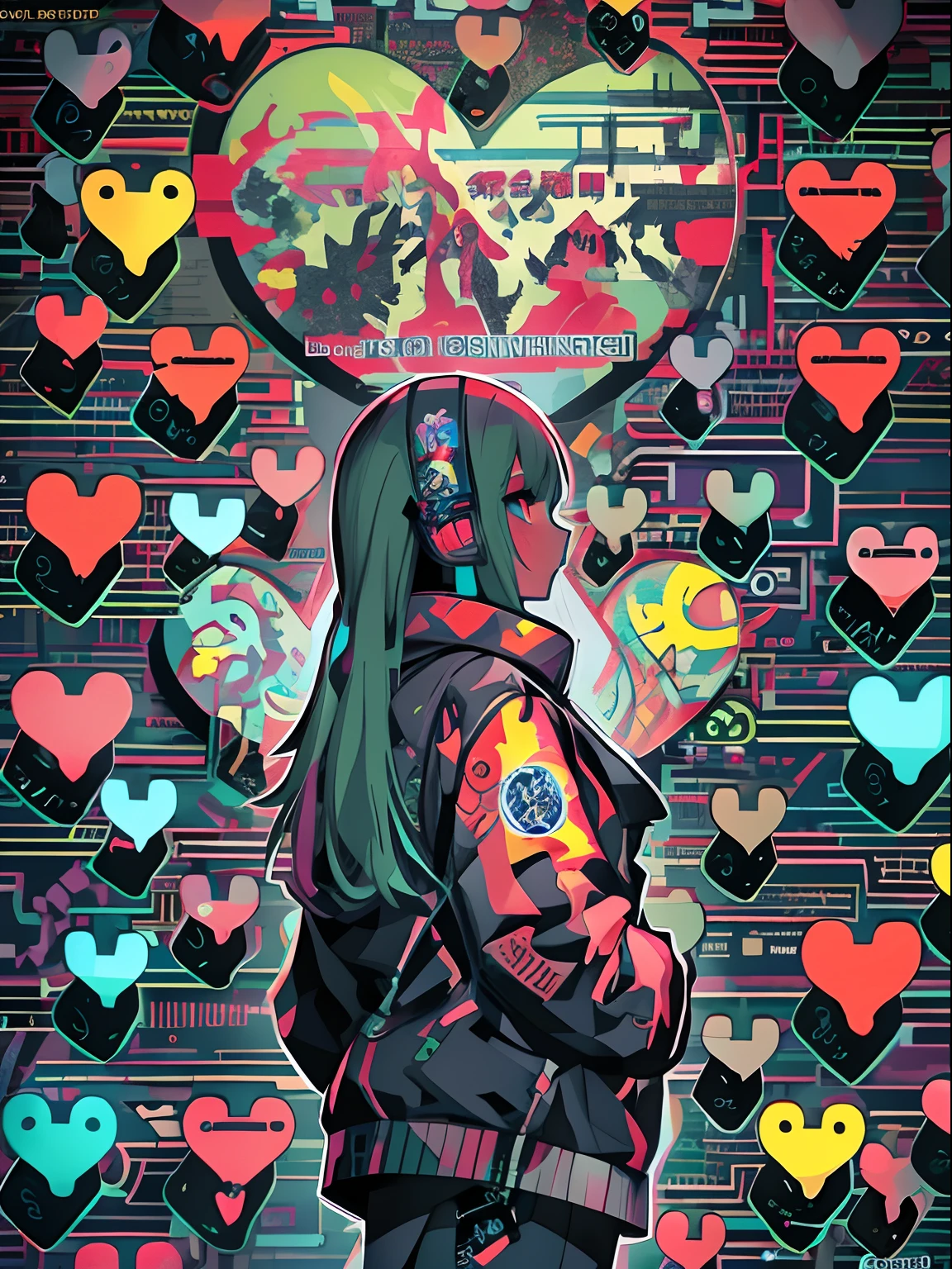 There is a woman standing with a heart in front of the wall, anime cyberpunk art, cyberpunk anime art, Digital Cyberpunk Anime Art, digital art from danganronpa, cyberpunk art style, Cyberpunk Anime Girl, digital cyberpunk - anime art, cyberpunk themed art, Love concept art, female cyberpunk anime girl, Alice in Wonderland Cyberpunk, Cyberpunk Art, cyberpunk anime girl in hoodie