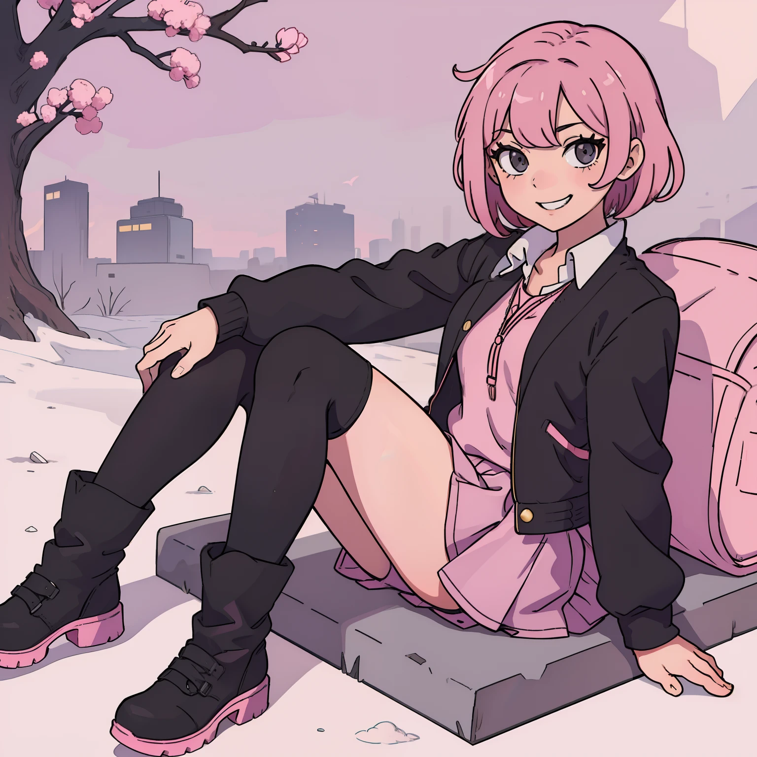 solo, girl, schooluniform, miniskirt, black tights, long boots, pink hair, short hair, evil smile, full body, sitting, school, gal, young,