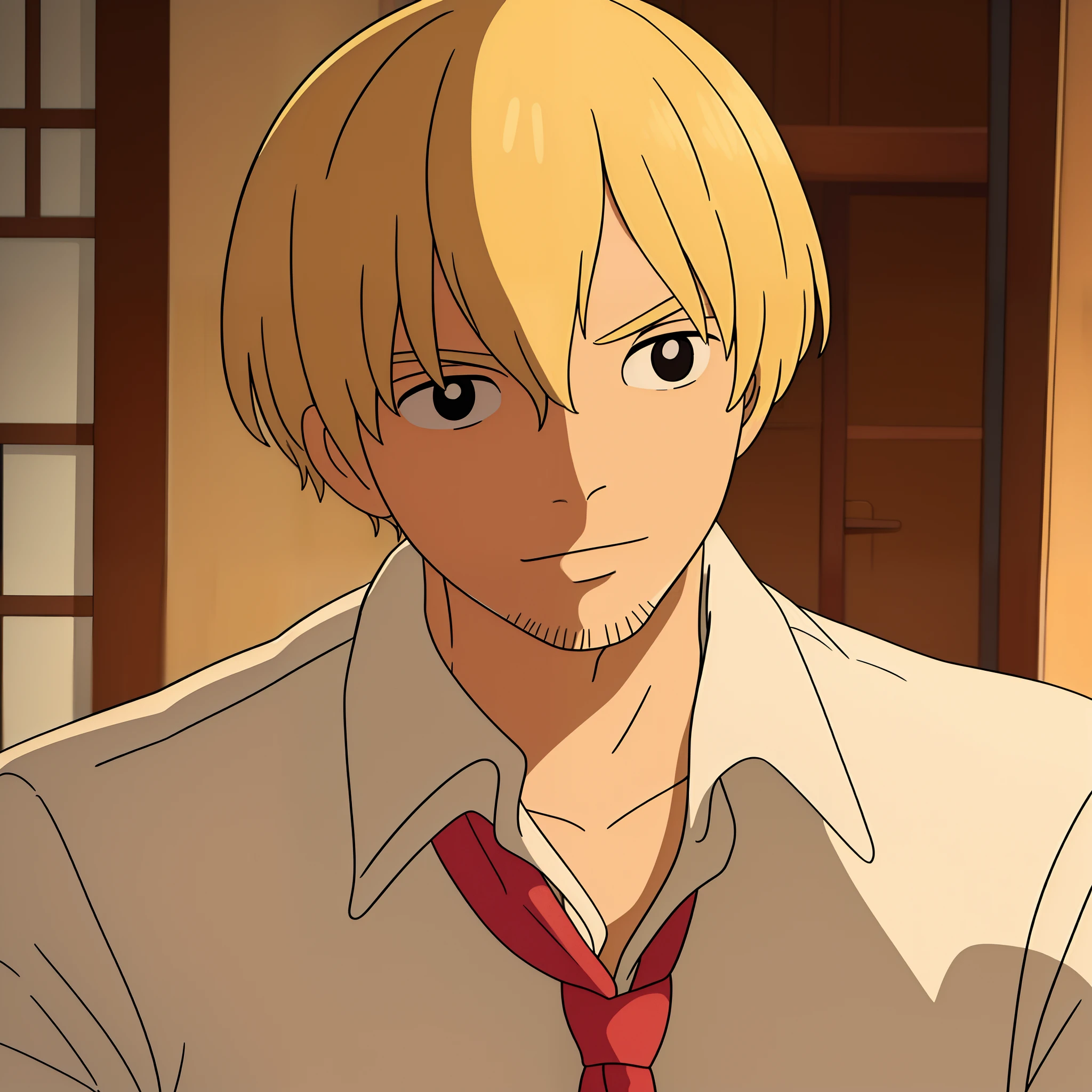 ((best quality)), ((masterpiece)), ((detailed background)), ((high quality illustration)), 1boy, wanostyle, sanji, blonde hair, bangs covering one eye, curly eyebrows, male focus, solo, indoors, collared shirt, upper body, close-up, shirt, bangs, black eyes, jacket, facial hair, long sleeves, necktie, miyazaki hayao