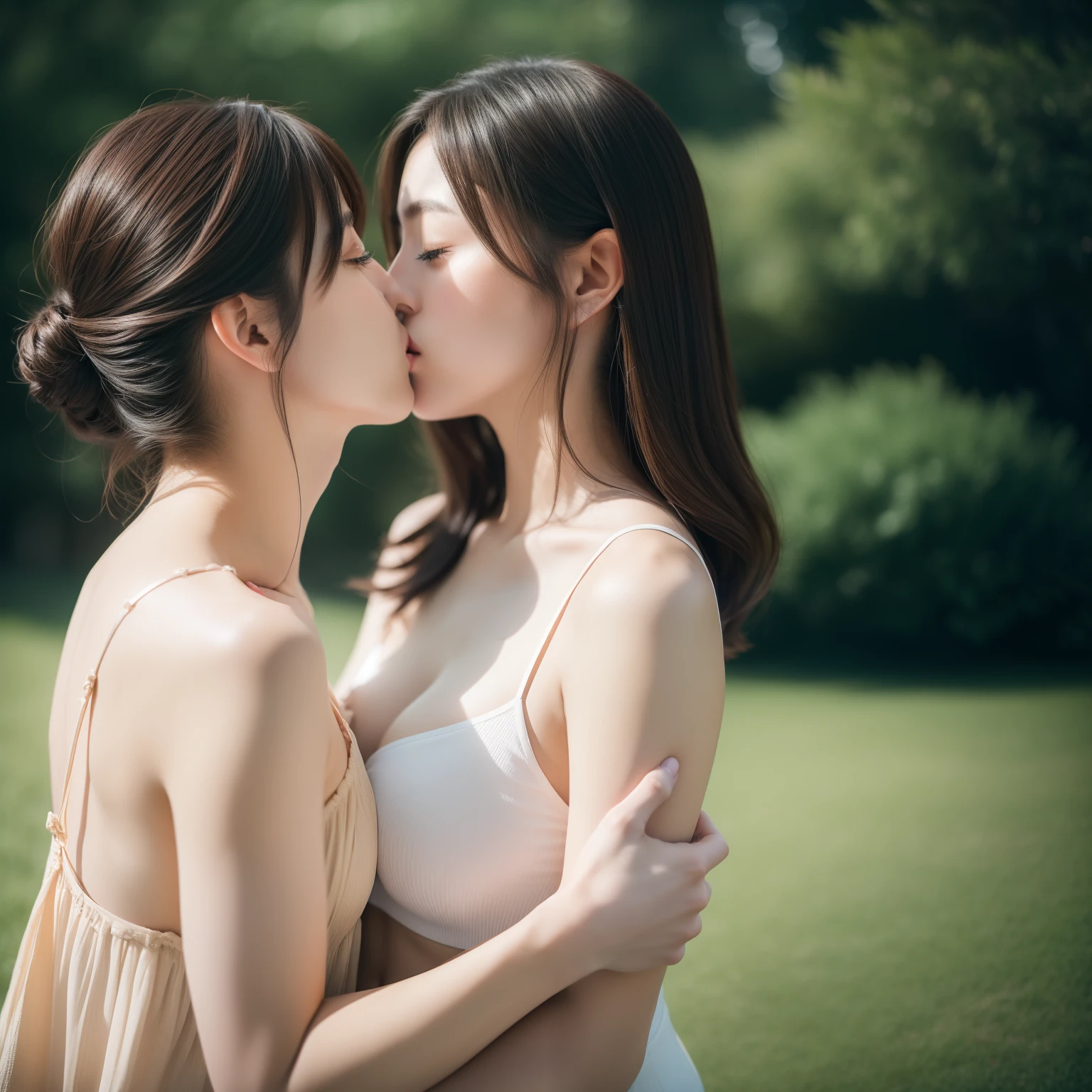 Kiss with a man、embracing each other、profile、hposing Gravure Idol、((top-quality、8K、masterpiece:1.3))、Raw photography