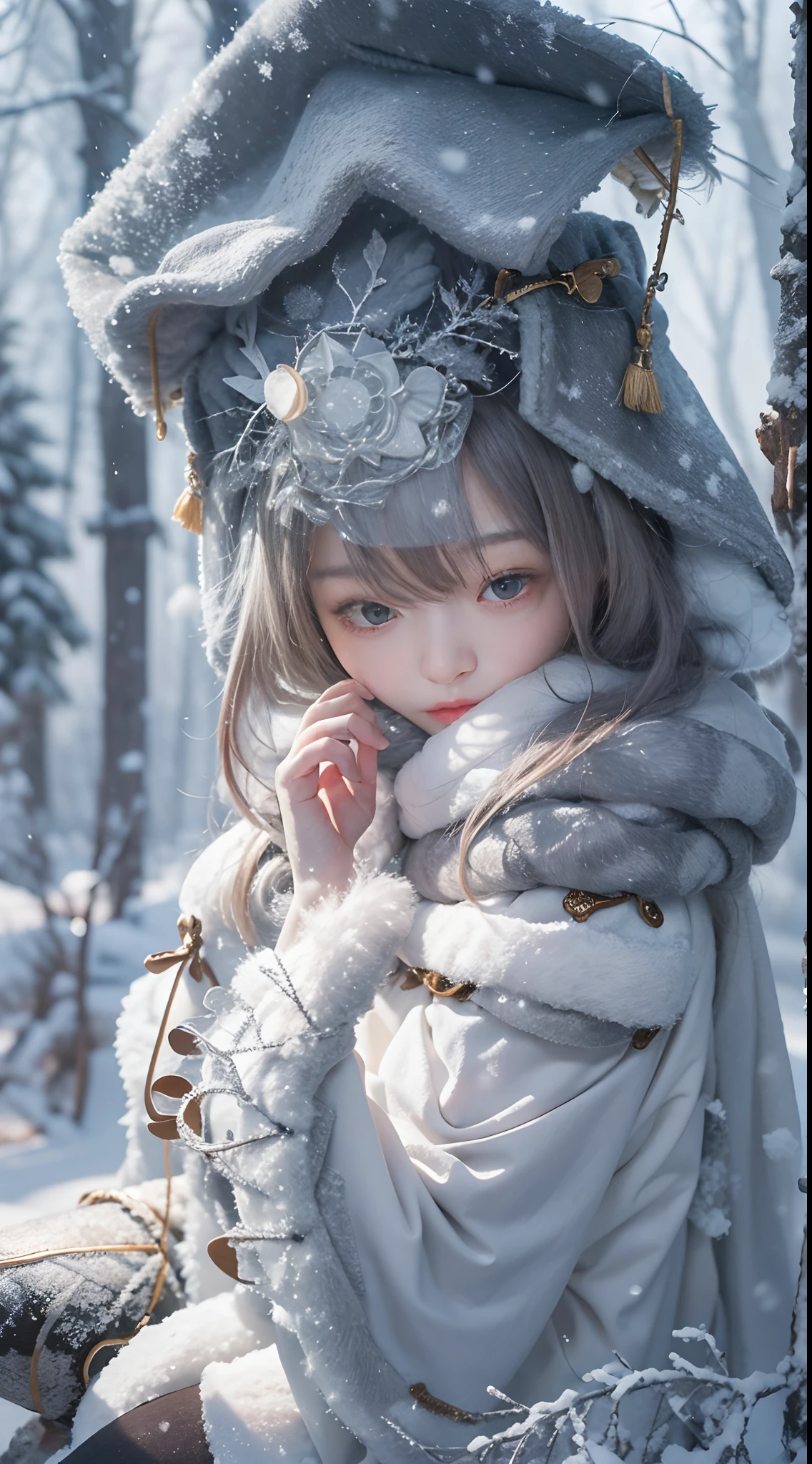 ((Works of masters))，(超高分辨率)，1 girl,Glowing eyes，Tears of sadness， Sitting, Lolita costume，Cloak (Snow, Snow，Outdoor activities in winter:1.2),