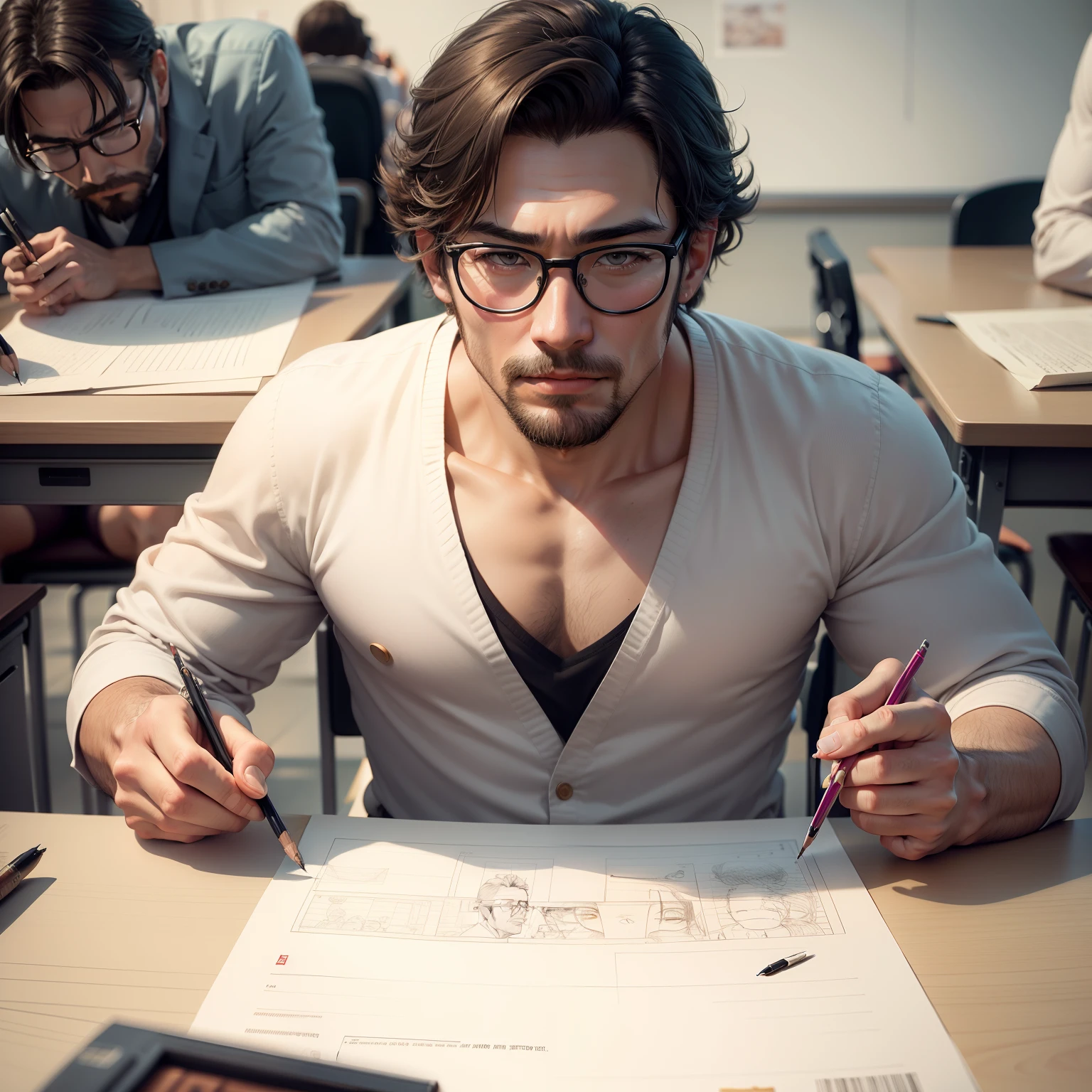 Drawing, A hyper-realistic, 8K, Extremely detailed, in the best quality, A Man,japanes , Unsupervised ,and glasses, in class room ,beautiful man.