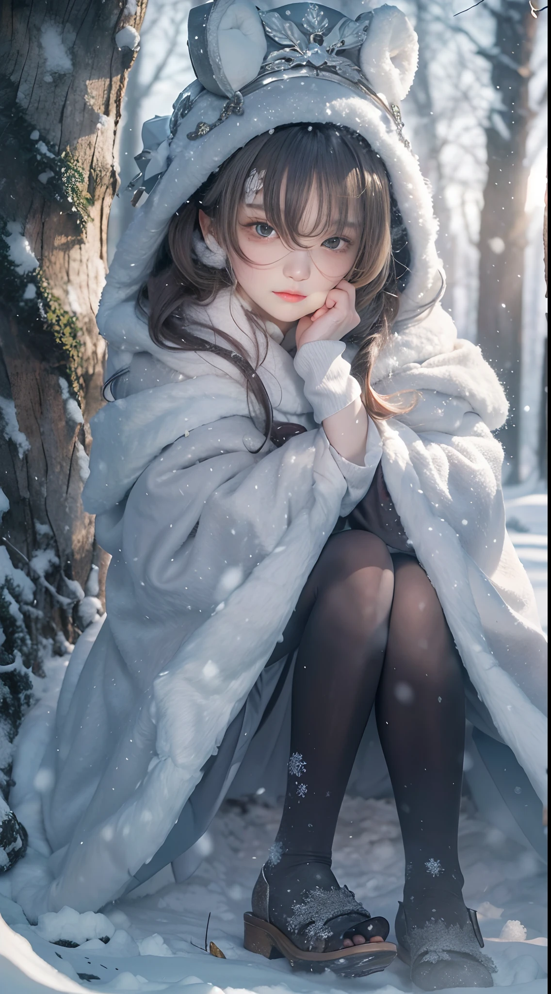 Eight-year-old little , cute face, feet up, white shawl long hair, red pupils, white dress, naked legs, no shoes, perfect calf curve, cute little feet. On a rainy day, in the park, stepping on fallen leaves.