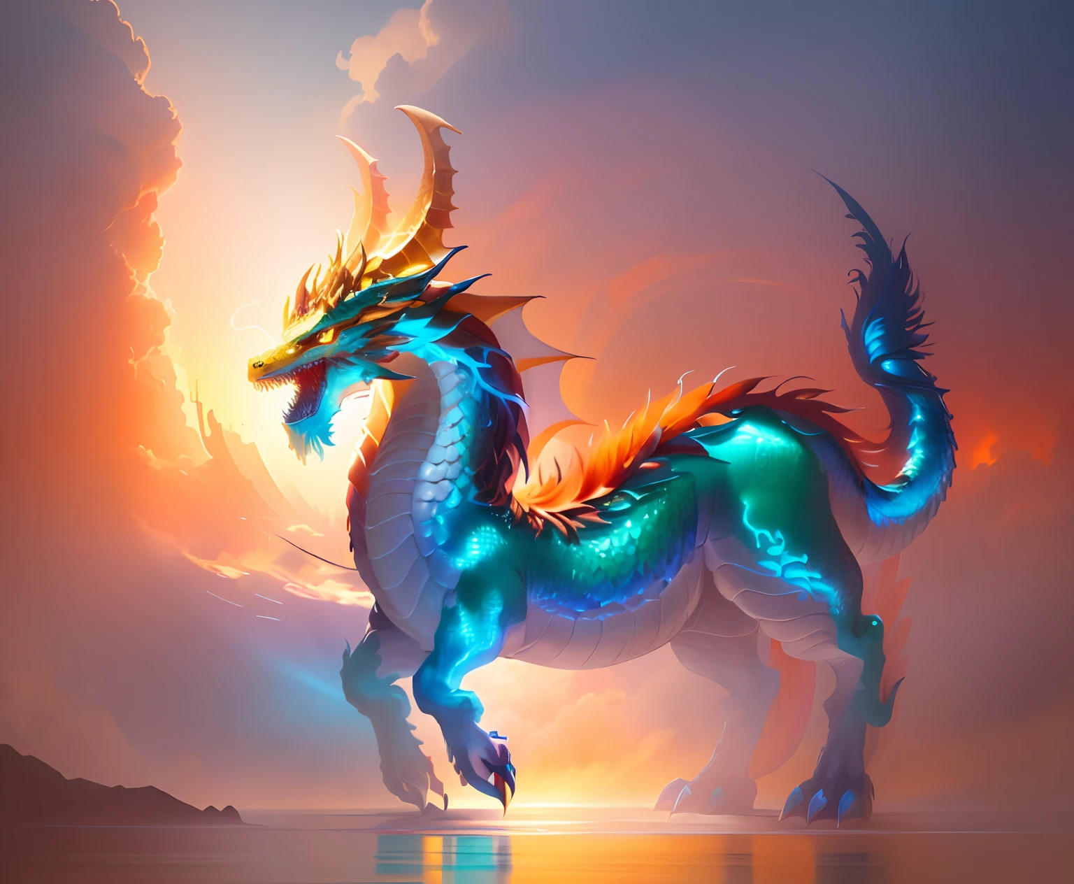 Brightly colored horses with a long tail and a tail with a long tail.,In the water at the evening orange sun....., Mythical Creatures, chinese dragon concept art, smooth chinese dragon, cyan chinese dragon fantasy, Mythical Creatures, Fantasy Creatures, Rainbow Fluffy Dragon, Digital paintings of Quetzalcoatl, anthropomorphic dragon, Chinese dragon, dragon art, as an anthropomorphic dragon