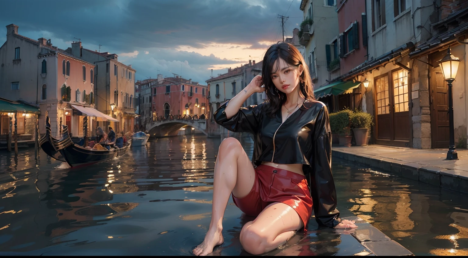 (realisitic,Photorealsitic:1.4),(1 beauty:1.3),(beautiful countenance:1.5),Detailed shiny skin,A detailed eye,Precise hands and fingers,8K HDR, , masterpiece, (Dynamic Angle Video),电影灯光, Finely drawn backgrounds,(The dim,dramatic lighting,No sunlight),Beautiful Japan,hotpants,A dark-haired,Aristocratic hairstyles,Venice at sunset,Waterside city,Stand with your arms crossed,Composition looking up from your feet,soaking wet,Wet shirt,The whole body is drenched,Flooding below the knee