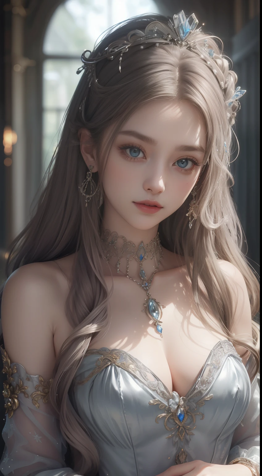 tmasterpiece,Highest image quality,A beautiful bust of a noble maiden,Delicate silver hairstyle,Clear golden eyes,Embellished with a dazzling array of intricate and exaggerated craft jewelry,Ultra-detailed details,upscaled。