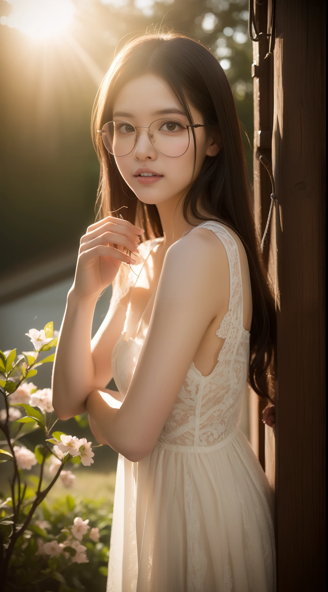 The Last of Us World, Young Beauty Margaret Qualley, glasses, tiny lace dress, sunlight on fabric, large neckline, hyperrealistic, , model body, small breasts, beautiful breasts, large coatis, long hair, long legs , 8k, 超High resolution, best quality, masuter part:1.2), RAW portrait Oriental House, cherry blossom, sunrise, dynamic lighting, detailed shadows, climbing mountain, cute pose