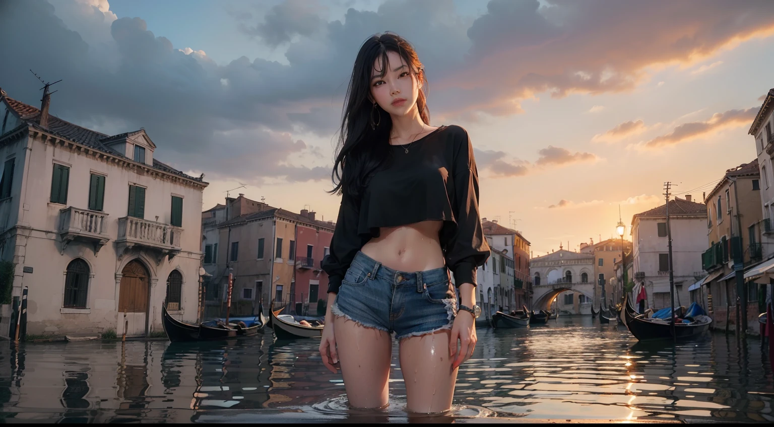 (realisitic,Photorealsitic:1.4),(1 beauty:1.3),(beautiful countenance:1.5),Detailed shiny skin,A detailed eye,Precise hands and fingers,8K HDR, , masterpiece, (Dynamic Angle Video),电影灯光, Finely drawn backgrounds,(The dim,dramatic lighting,No sunlight),Beautiful Japan,hotpants,A dark-haired,Aristocratic hairstyles,Venice at sunset,Waterside city,Stand with your arms crossed,Composition looking up from your feet,soaking wet,Wet shirt,The whole body is drenched,Flooding below the knee
