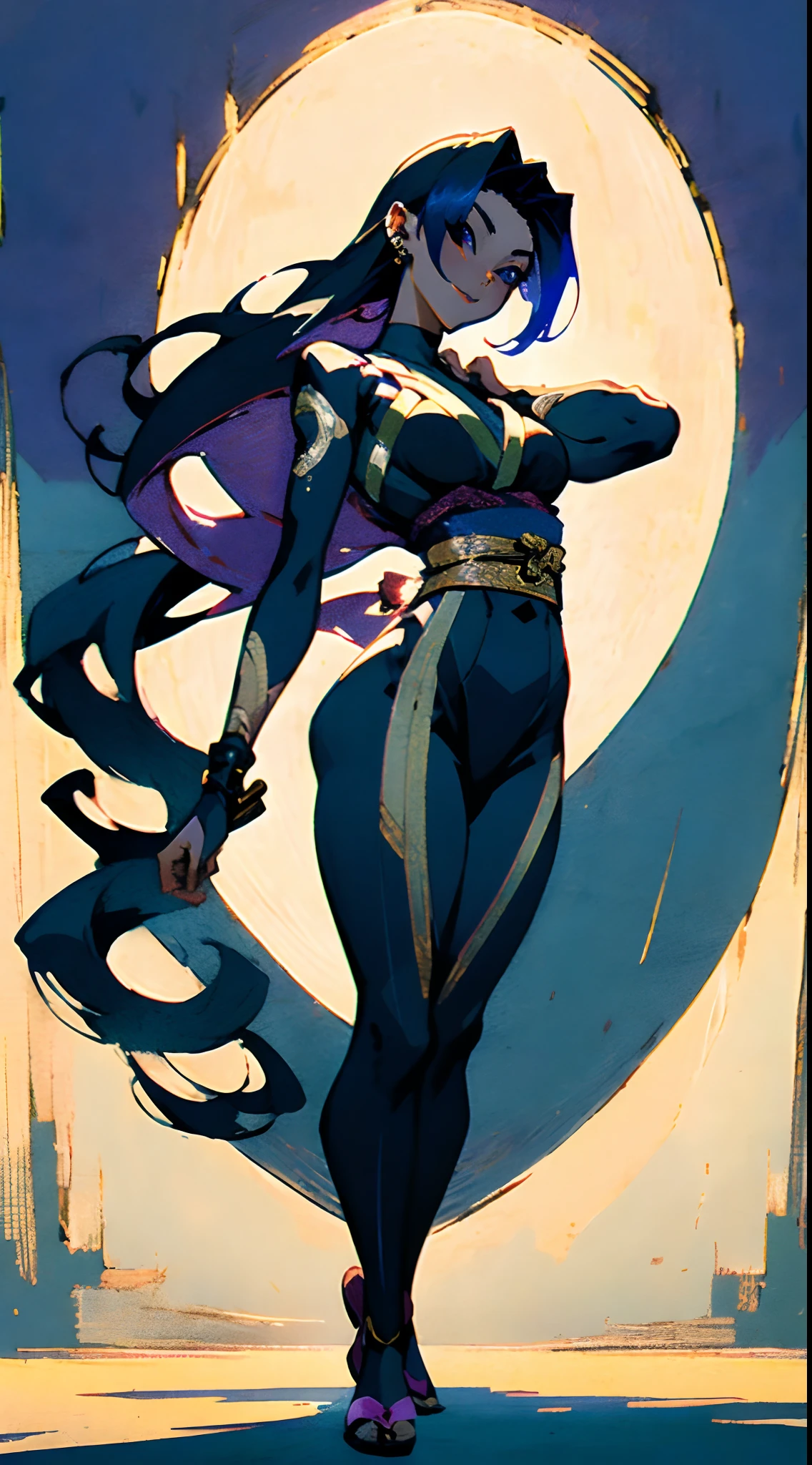 a beautiful woman with sleek dark purple long hair, a delicate and enchanting face, her eyes are sharp and piercing, a cunning smile, she has a slender figure, a fantasy-style form-fitting ninja outfit, the character design reflects a fantasy-style ninja by Japanese anime design, the artwork features finely detailed character design, showcasing a mature Japanese manga artistic style, ((character concept art)), full body character drawing, high definition, best quality, ultra-detailed, extremely delicate, anatomically correct, symmetrical face, extremely detailed eyes and face, high quality eyes, creativity, RAW photo, UHD, 8k, (Natural light, professional lighting:1.2, cinematic lighting:1.5, best shadow), (masterpiece:1.5)