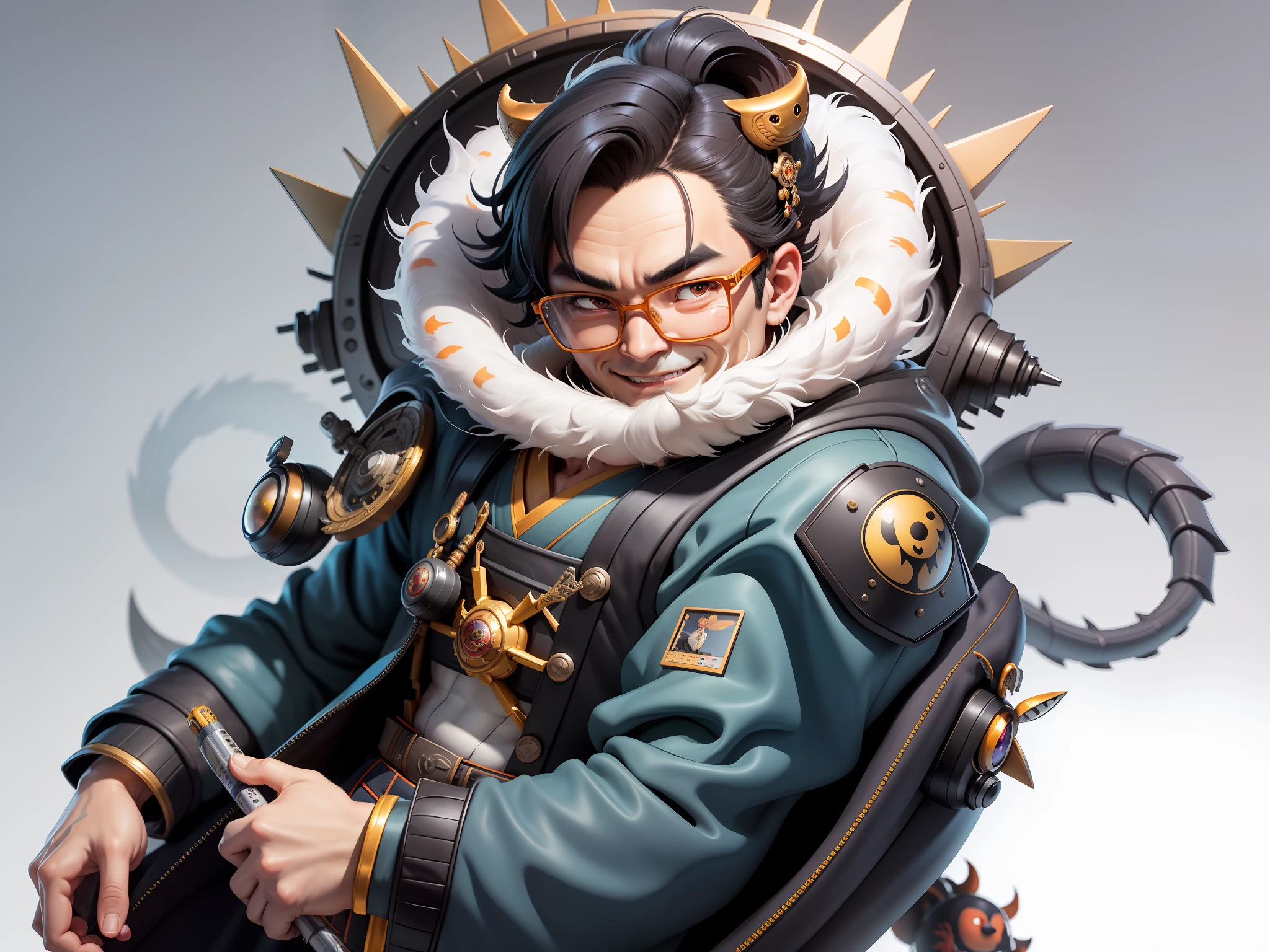 (Masterpiece), (Excellent), (Super Meticulous), (Full Body: 1.2), Super Young Man with Japanese Female Geisha, Pretty, Beautiful, Chinese Dragon, Tiger, Wind God Thor, Sexy, Bursting, Oriental Face, TV Anchor, Bust Portrait Illustration, Black Suit, Blue Tie, Slightly Chubby Face, Silver Glasses, Very Clean Face, No Beard on Chin, Black Super Short Hair, Black Eyes, Confident Smile, 3c Computer Sub-Products, iPad, iPhone, Digital Painting, 3D character design by Mark Clairedon and Pixar and Hayao Miyazaki and Akira Toriyama, the illustrations are HD illustrations in 4K resolution with highly detailed facial features and cartoon-style visuals.
