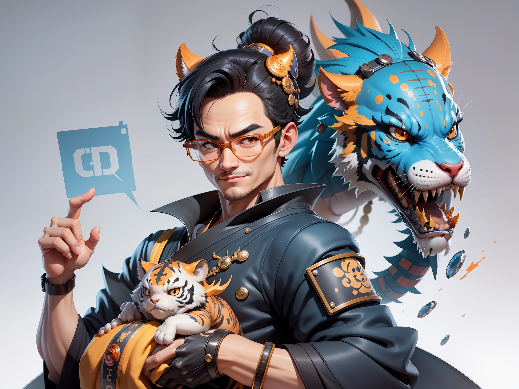 (Masterpiece), (Excellent), (Super Meticulous), (Full Body: 1.2), Super Young Man with Japanese Female Geisha, Pretty, Beautiful, Chinese Dragon, Tiger, Wind God Thor, Sexy, Bursting, Oriental Face, TV Anchor, Bust Portrait Illustration, Black Suit, Blue Tie, Slightly Chubby Face, Silver Glasses, Very Clean Face, No Beard on Chin, Black Super Short Hair, Black Eyes, Confident Smile, 3c Computer Sub-Products, iPad, iPhone, Digital Painting, 3D character design by Mark Clairedon and Pixar and Hayao Miyazaki and Akira Toriyama, the illustrations are HD illustrations in 4K resolution with highly detailed facial features and cartoon-style visuals.