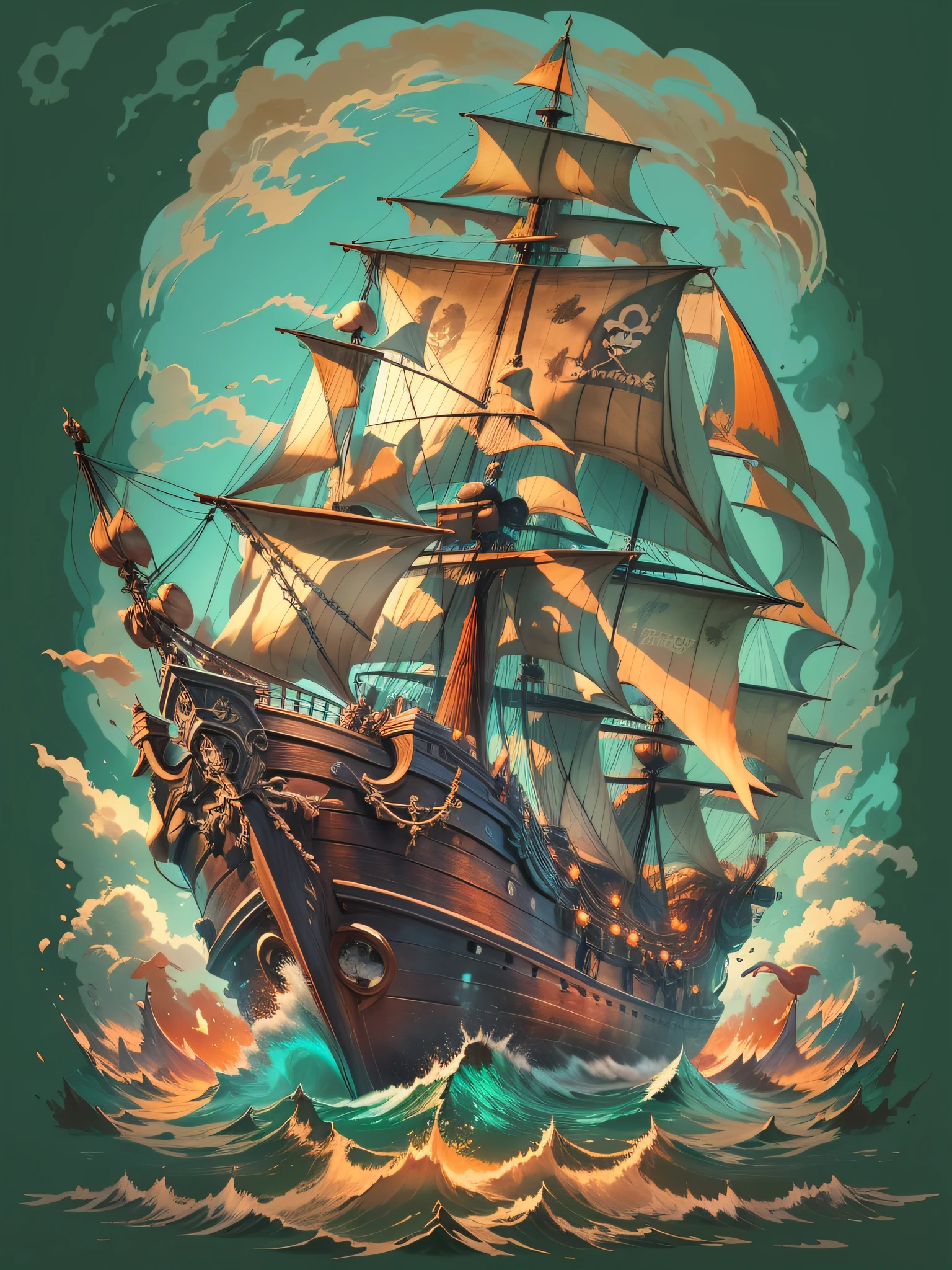 T-shirt print style vector image of a pirate ship on the high seas in the background, a jack sparow style pirate just face the front of the image, image without background, white background, vivid colors realistic 3d style, detailed image