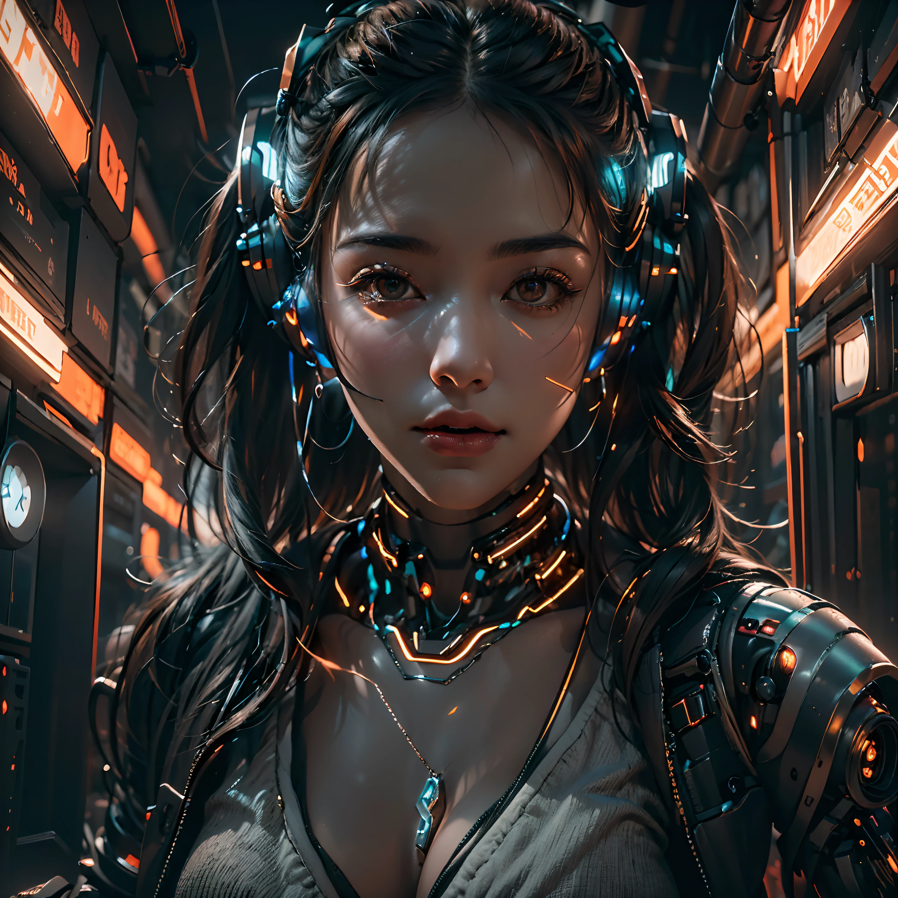 1girll，(cyber punk perssonage:1.3)，Bring headphones，Illuminated helmet and headphones，glowing jewelry，Glowing earrings，Glowing necklace，inside in room，Electronic wire background，best qualtiy，tmasterpiece，Movie filter presets，movie level lighting，c4d渲染，rendering by octane，with light glowing，((Orange light))，(full bodyesbian:1.5)，slender leg，perfect foot，High chiaroscuro，(There is no light on the face :1.5)Split arm，