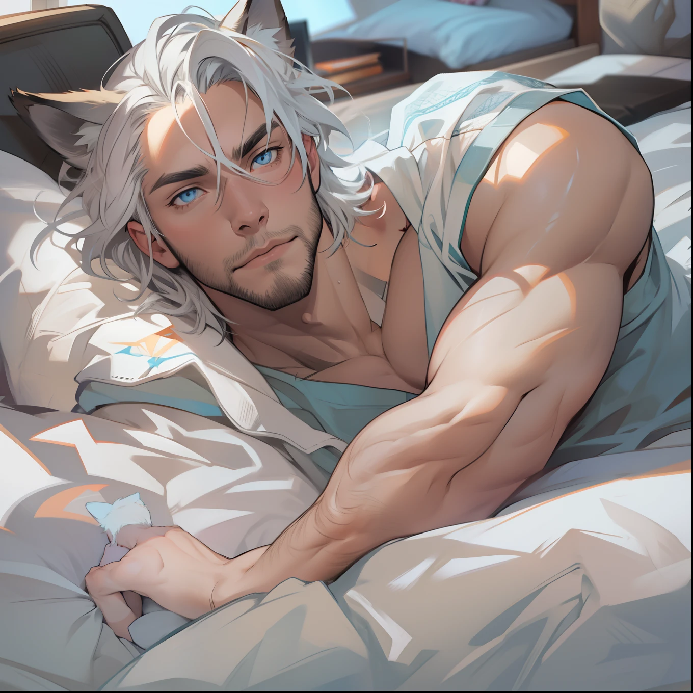 athletic Male with light beard, has flowing white hair, has wolf ears, has wolf tail, shirtless, playful, solo, alone, has bright blue eyes, , relaxing on a bed,